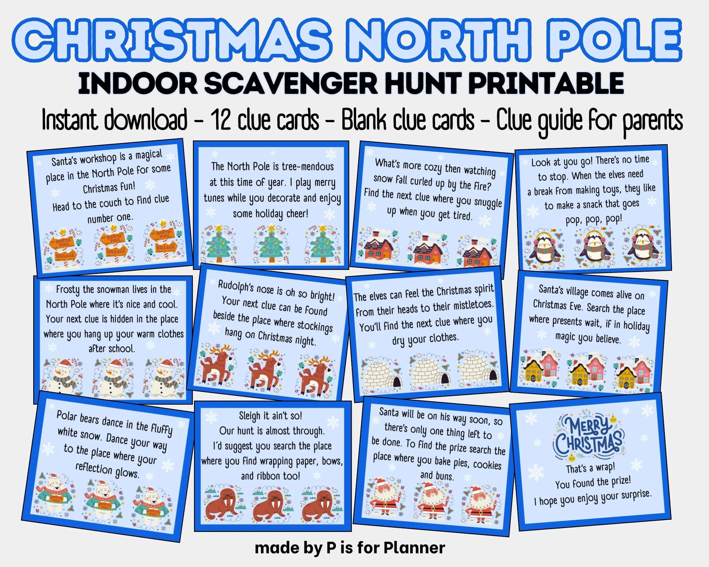 Christmas Scavenger Hunt for Kids, North Pole Adventure, Indoor Holiday Treasure Hunt Clues, Fun Christmas Game, Printable Kids Activity