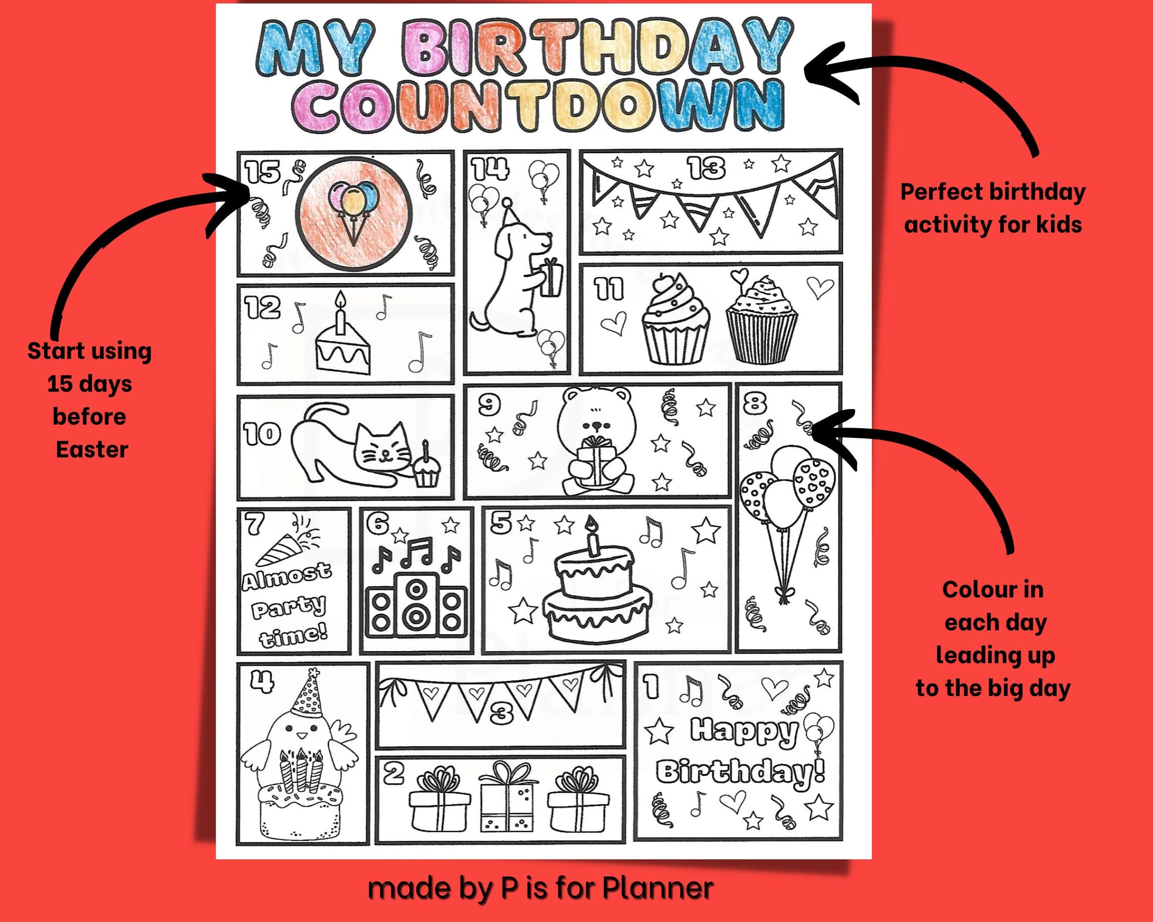 Birthday Countdown Calendar, Advent for Kids, DIY Printable Kids Activities, Color Pages, Celebration Tracker, Event Countdown - image 3