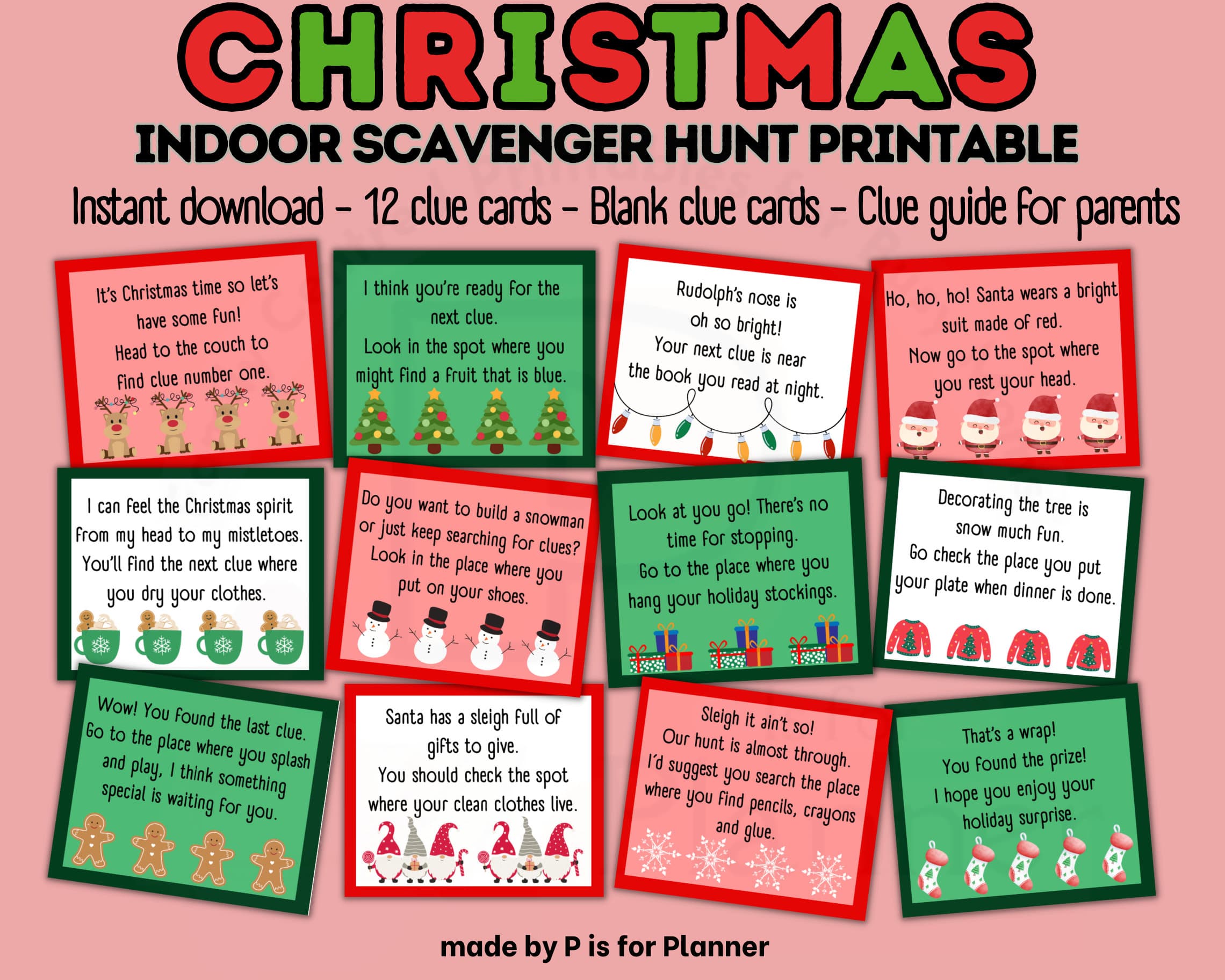 Christmas Scavenger Hunt for Kids, Indoor Holiday Treasure Hunt Clues, Fun Christmas Game, Printable Kids Activity, Holiday Party Game