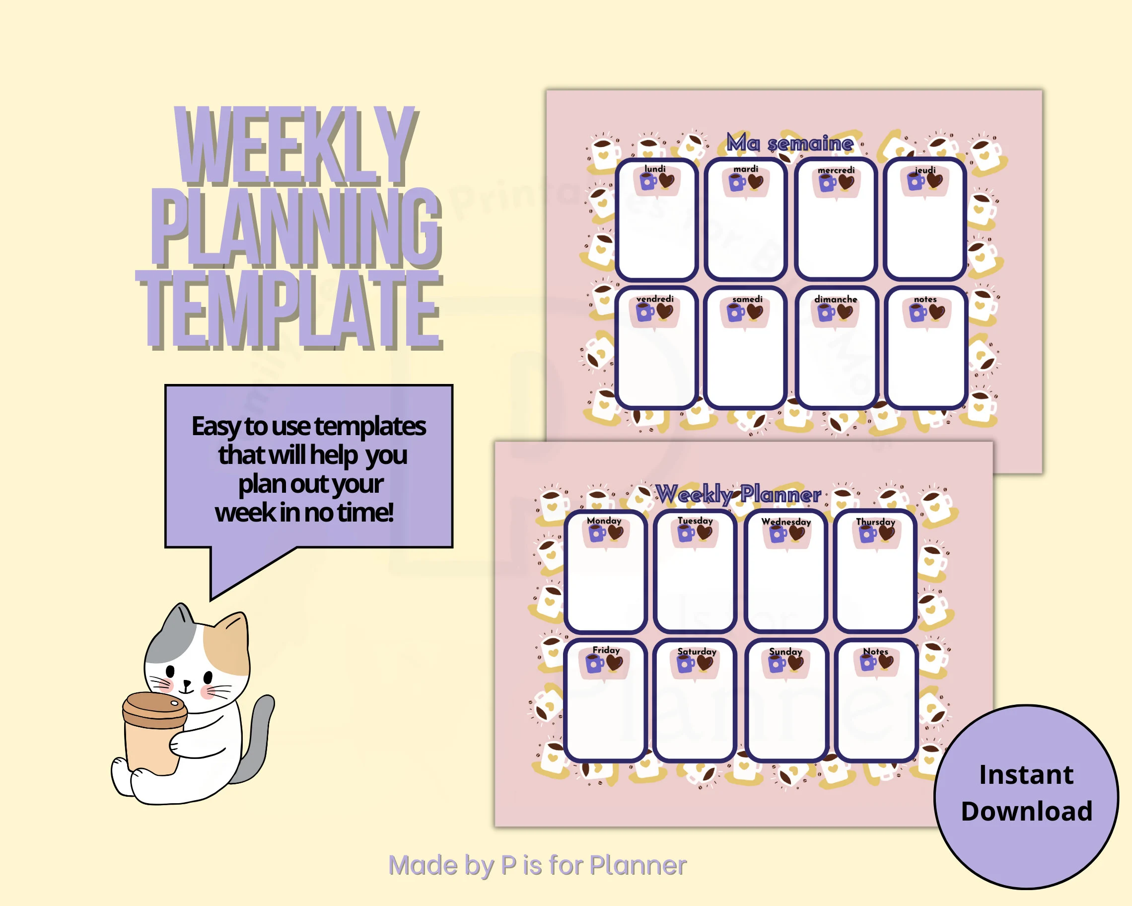 Weekly Planner Printable, Weekly Organizer, Weekly Priorities, Coffee Themed Planner, Letter & A4 sizes