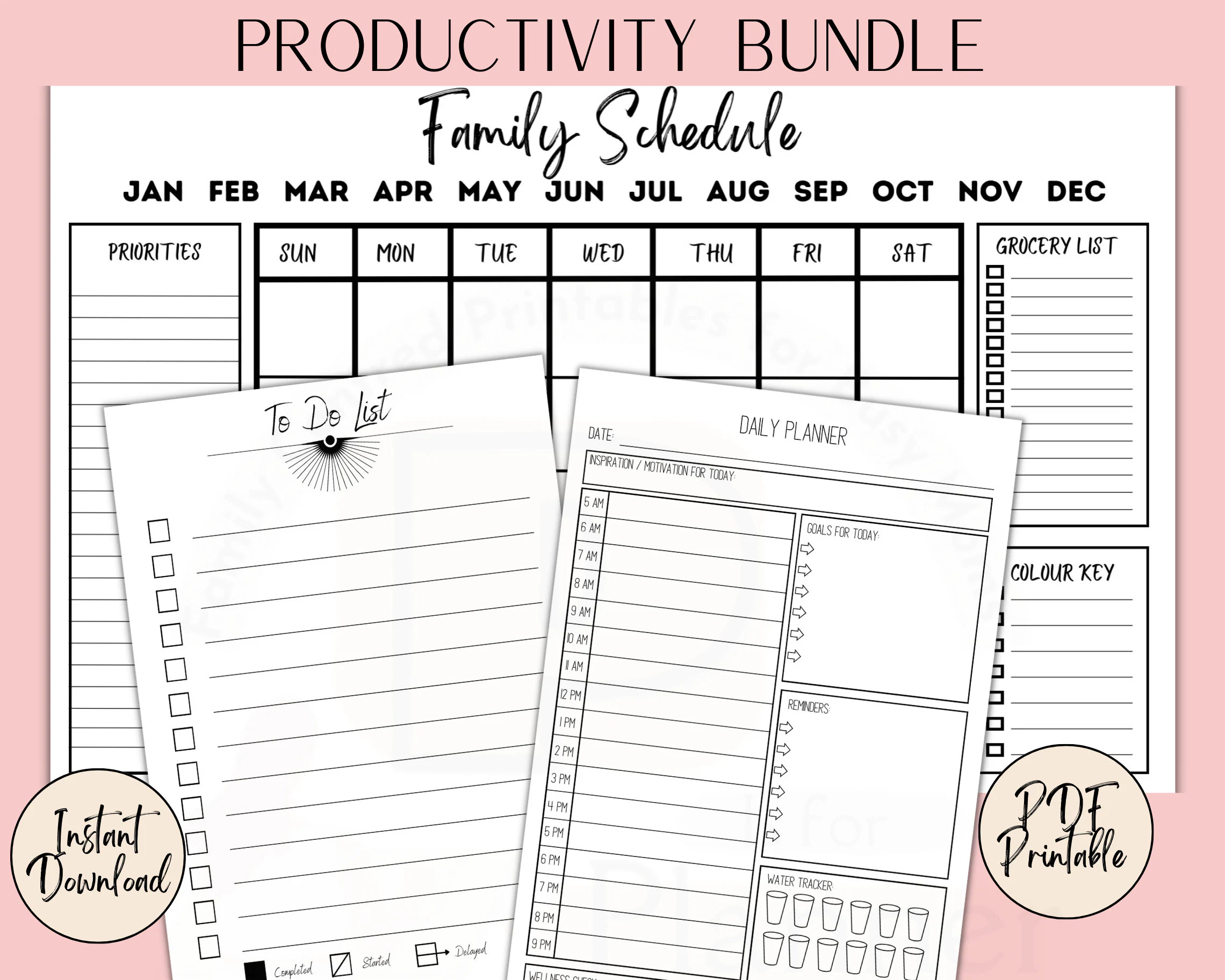 Undated Daily Planner, Hourly Schedule Template, Grocery Shopping List, Water Intake Tracker, Busy Mom Planner & Household Organizer