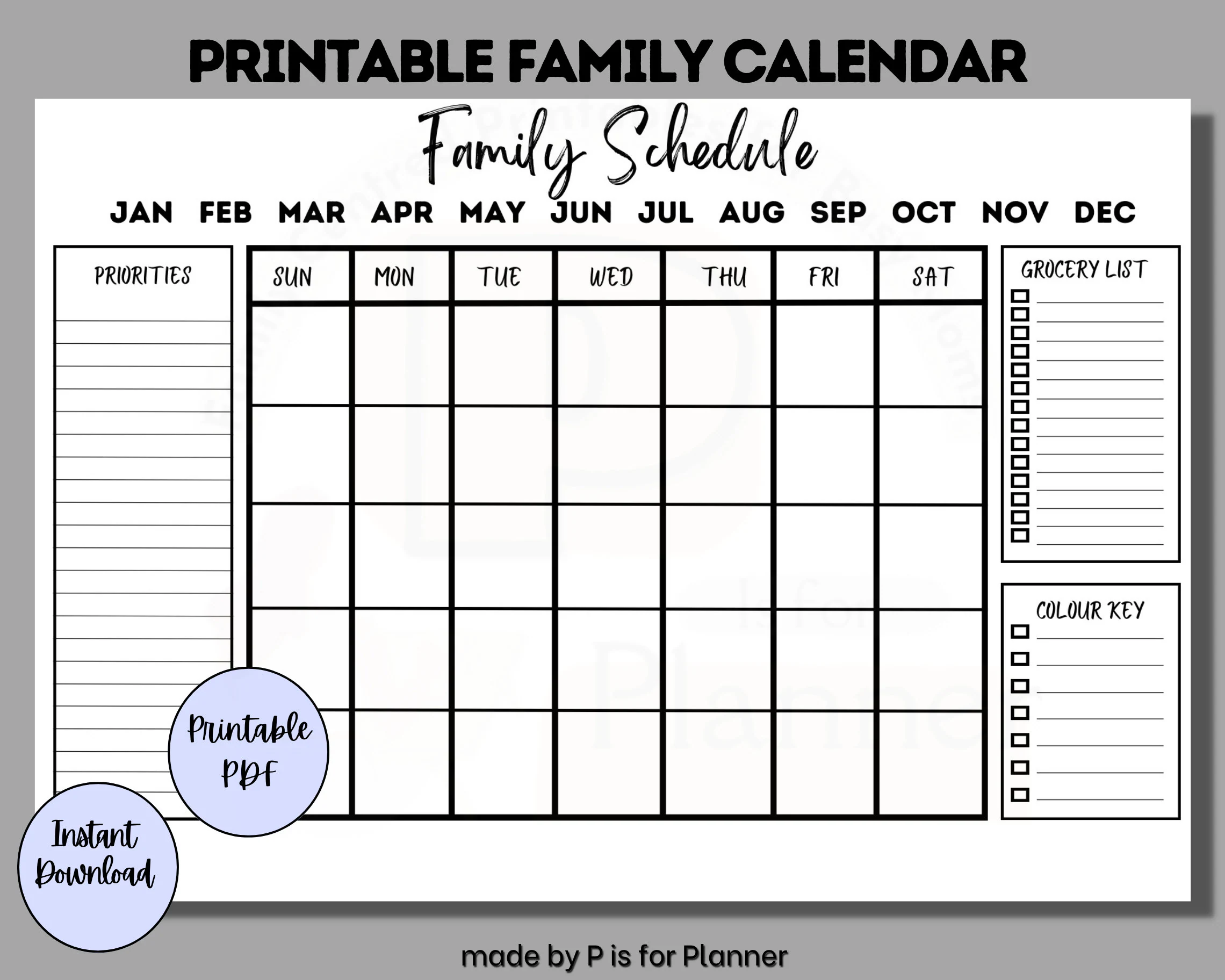 Family Calendar Printable, Monthly Family Schedule, Family Planning Wall Calendar, Command Center, Letter, Legal and Tabloid Sizes