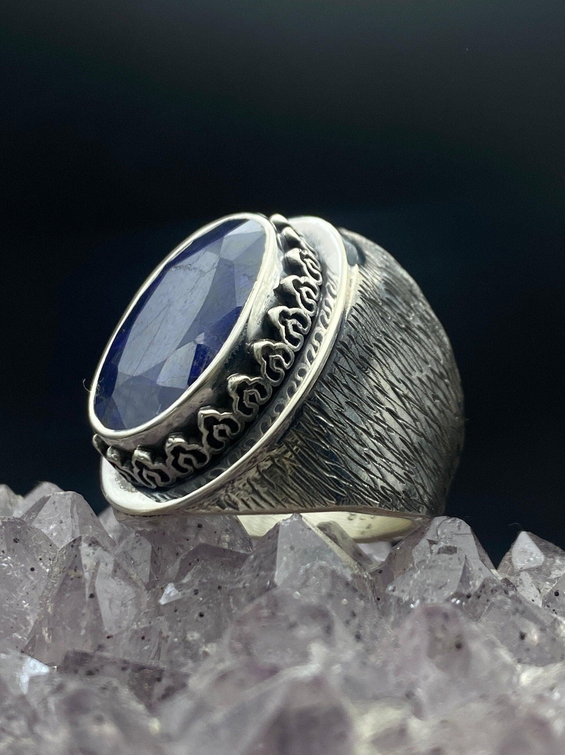 Raw Blue Sapphire Silver Ring: Handmade Oxidized Ottoman Style