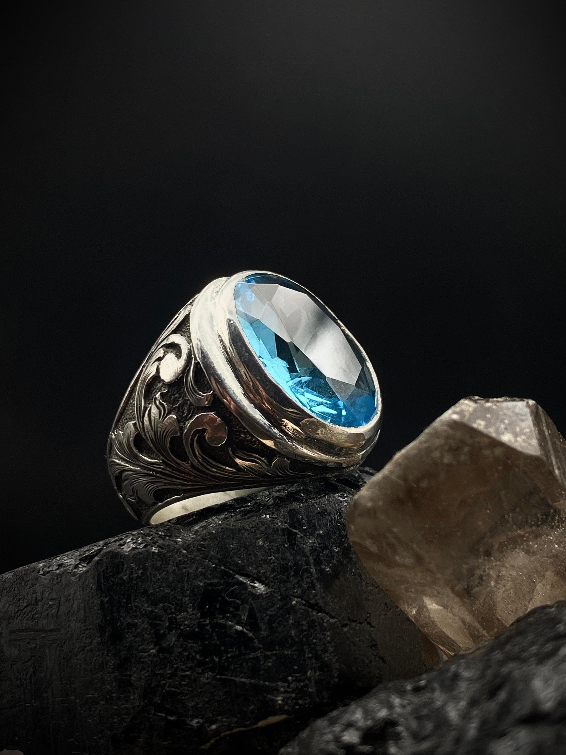 Blue Topaz Ring: Engraved Sterling Silver Statement Ring for Men - image 3