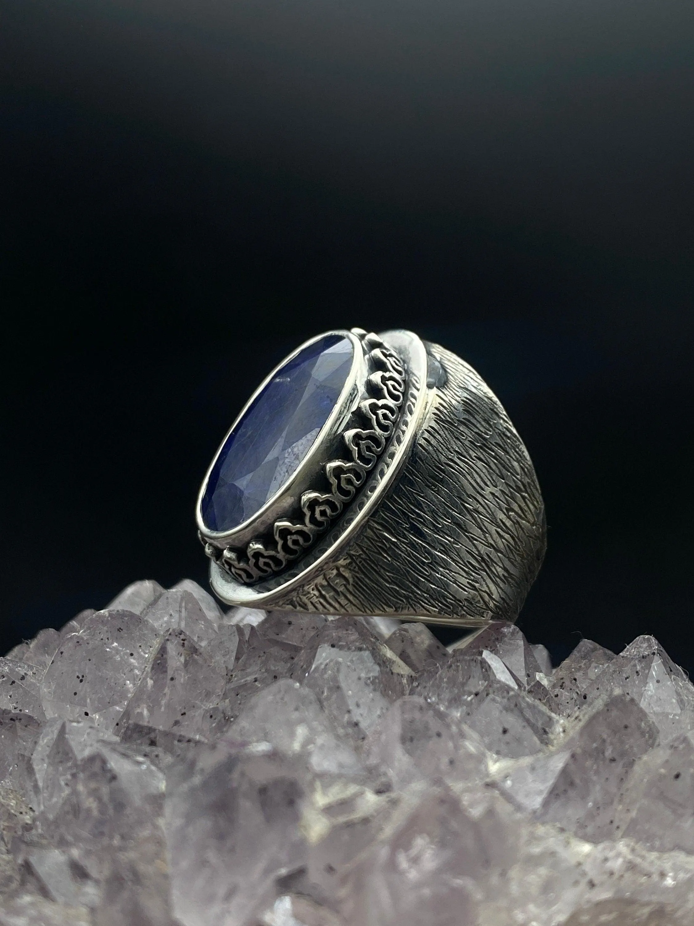 Raw Blue Sapphire Silver Ring: Handmade Oxidized Ottoman Style - image 3