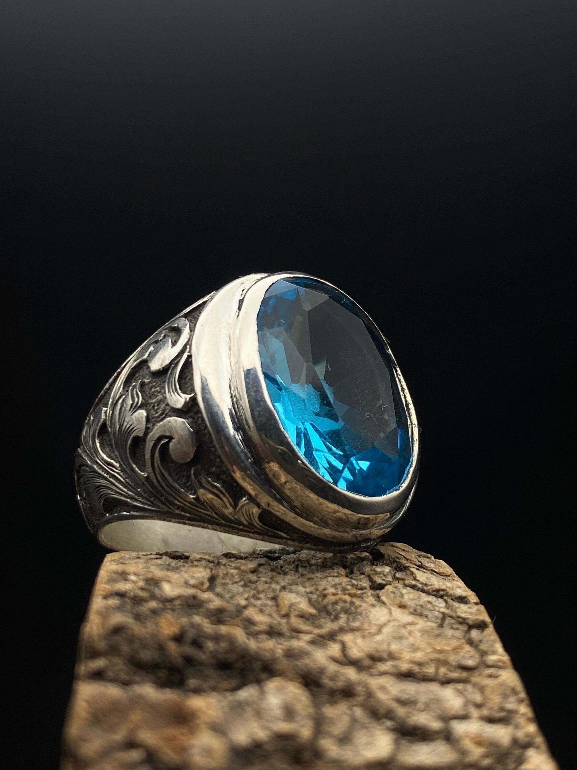 Blue Topaz Ring: Engraved Sterling Silver Statement Ring for Men