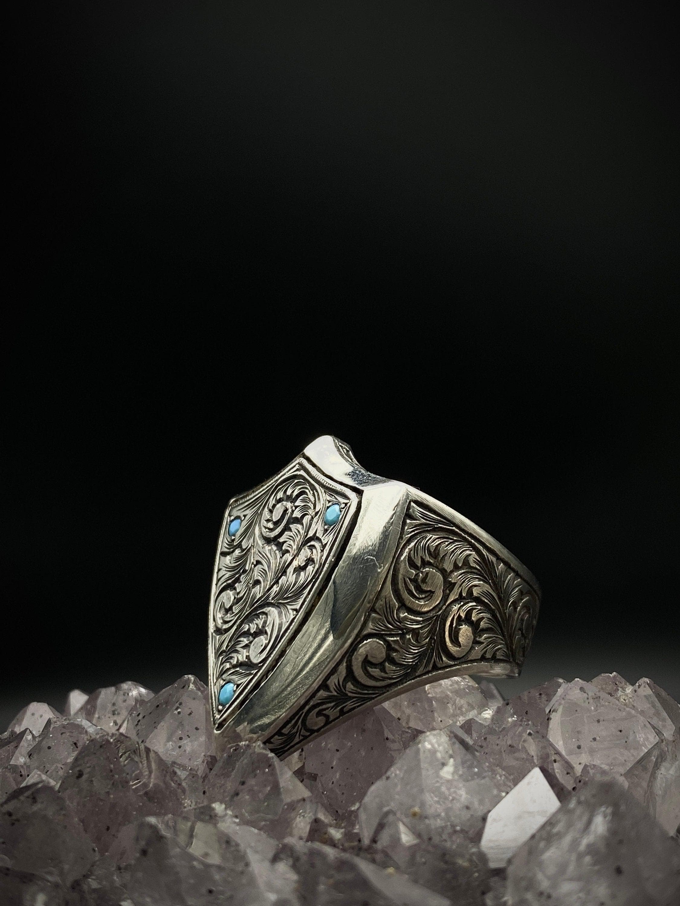 Hand Engraved Turquoise Sterling Silver Ring: Customized Biker Ring - image 5