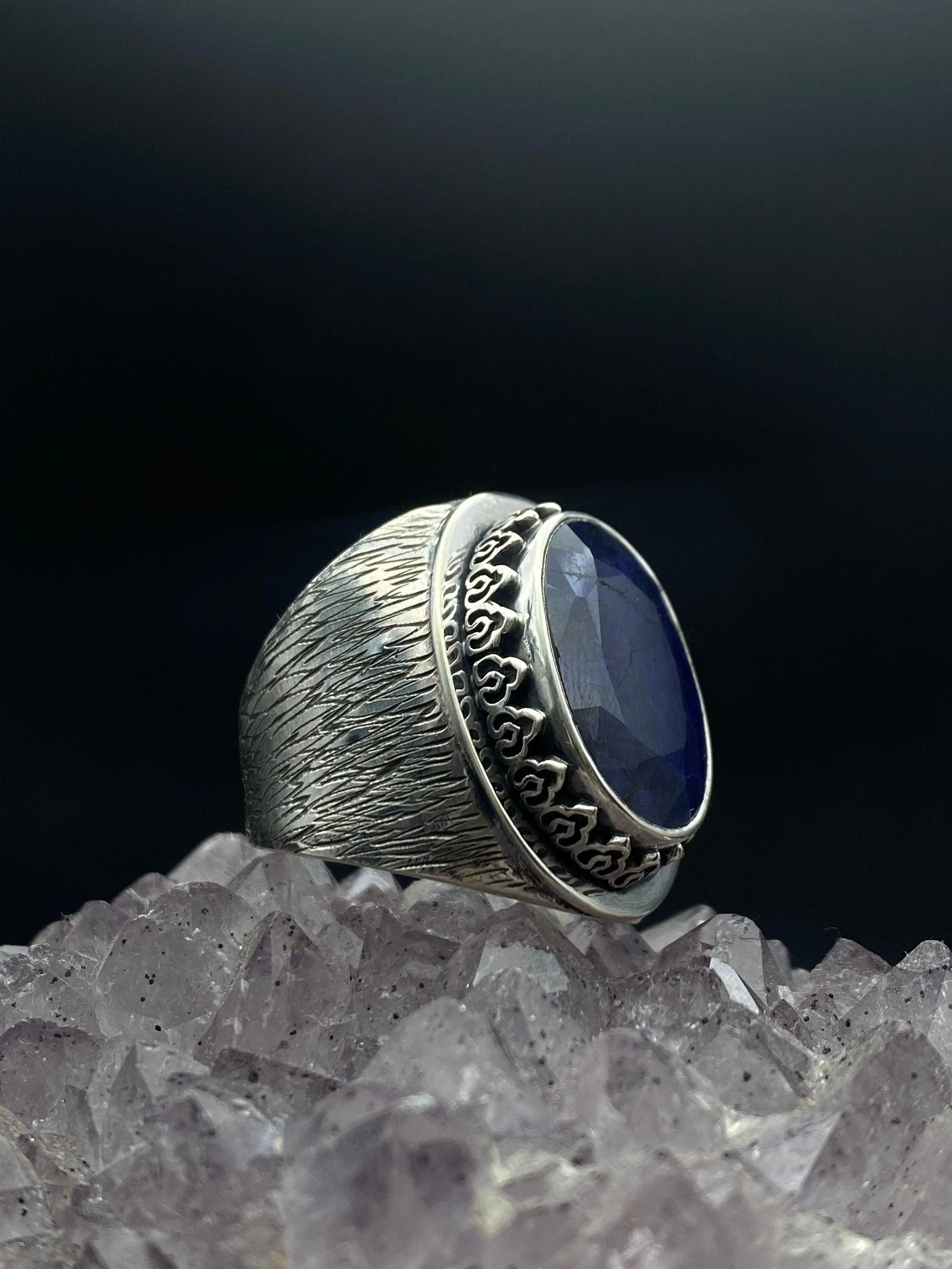 Raw Blue Sapphire Silver Ring: Handmade Oxidized Ottoman Style - image 2