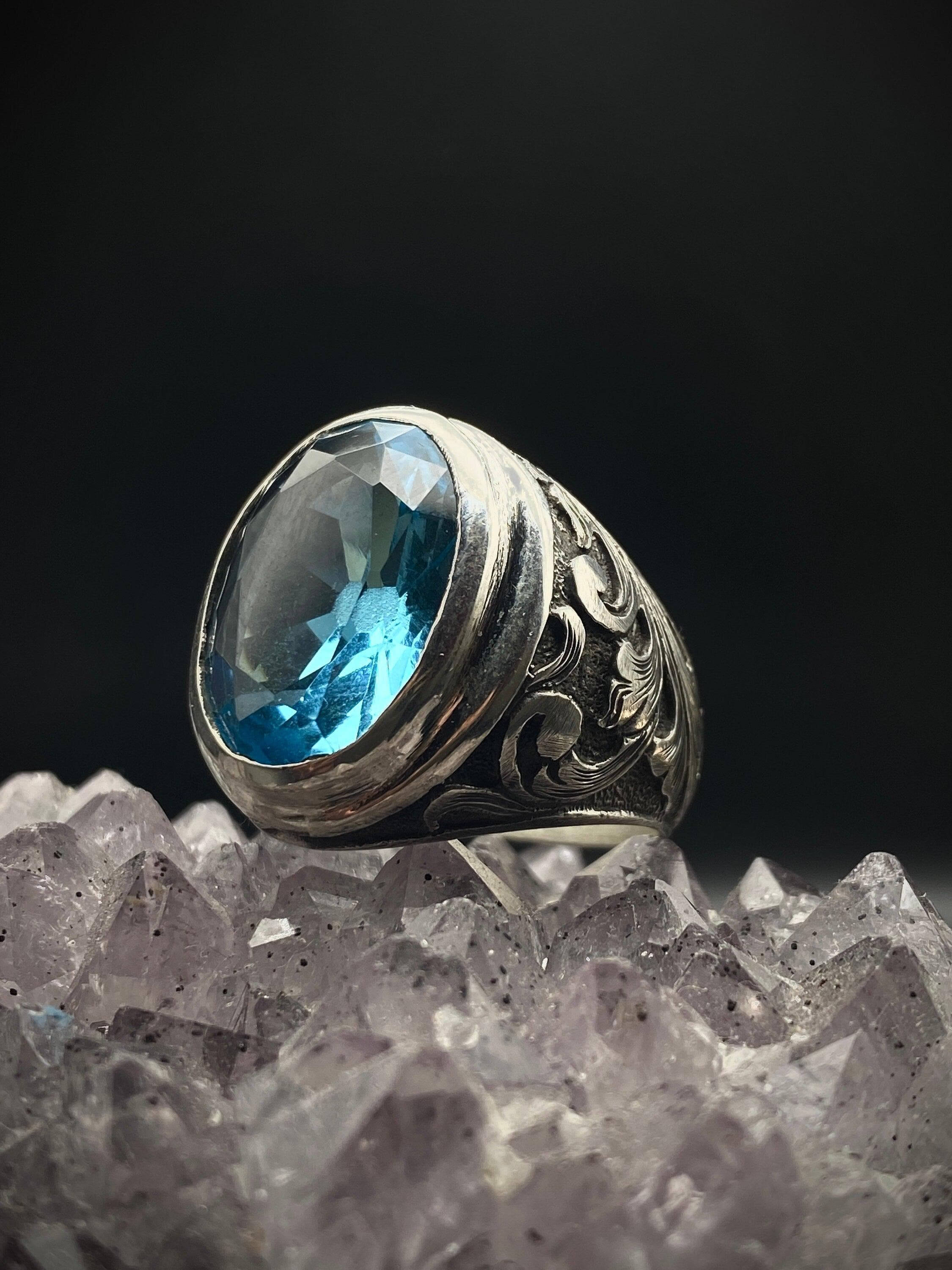 Blue Topaz Ring: Engraved Sterling Silver Statement Ring for Men - image 2