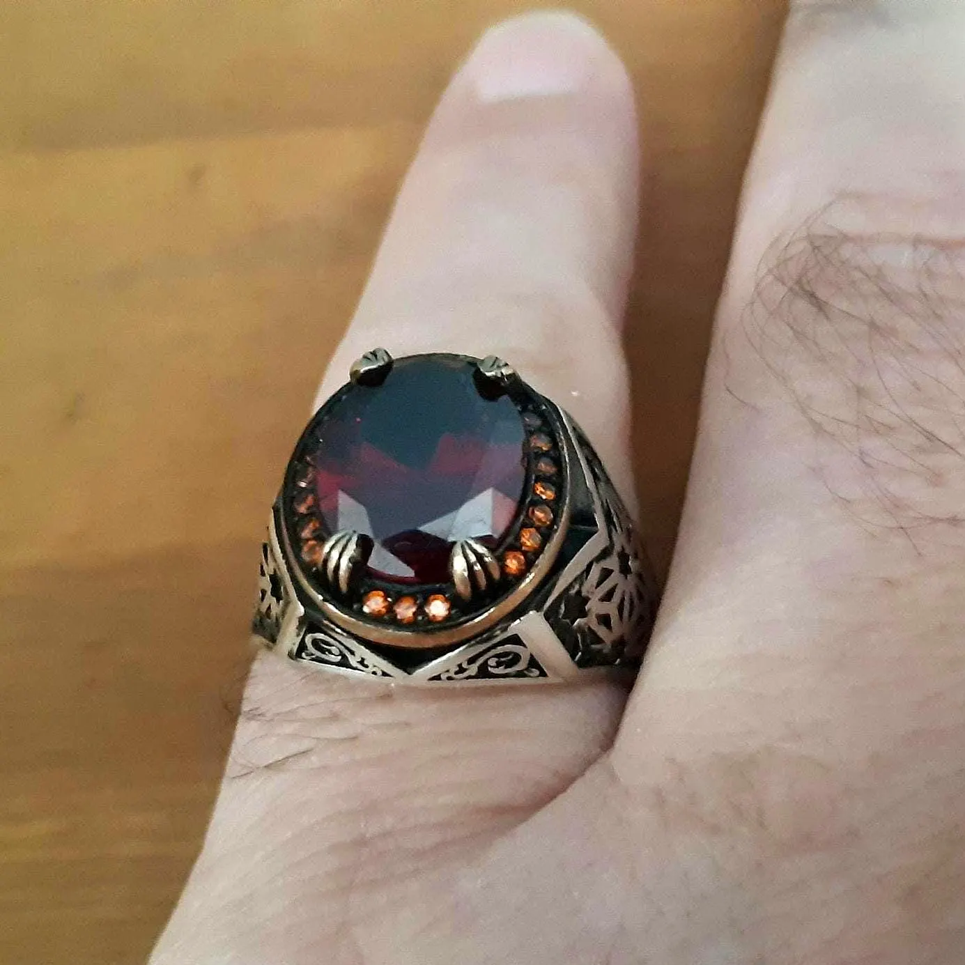Handmade 925 Sterling Silver Garnet Gemstone Ring, Men's Dragon Ring - image 3