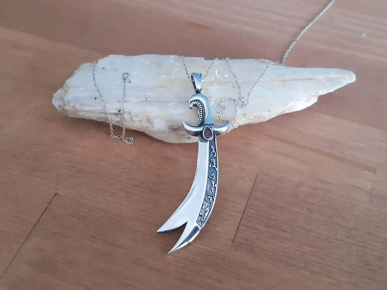 Handmade 925 Sterling Silver Zulfiqar Sword Necklace with Zircon Stone - image 5