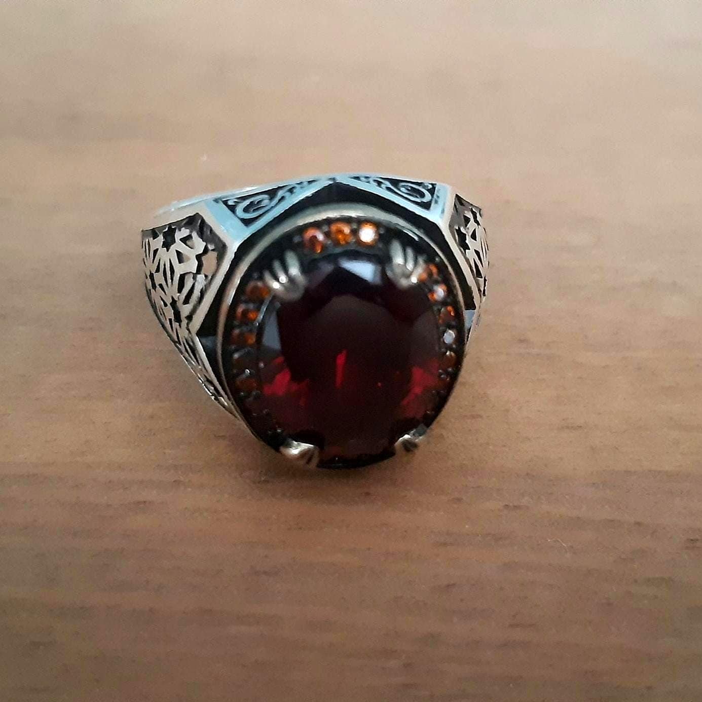 Handmade 925 Sterling Silver Garnet Gemstone Ring, Men's Dragon Ring - image 5