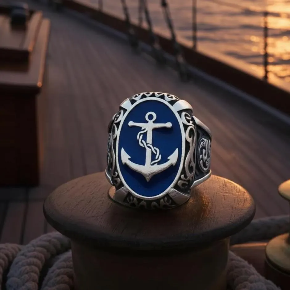 Oxidized Sterling Silver Anchor Ring, Blue Enamel, Nautical Jewelry - image 3
