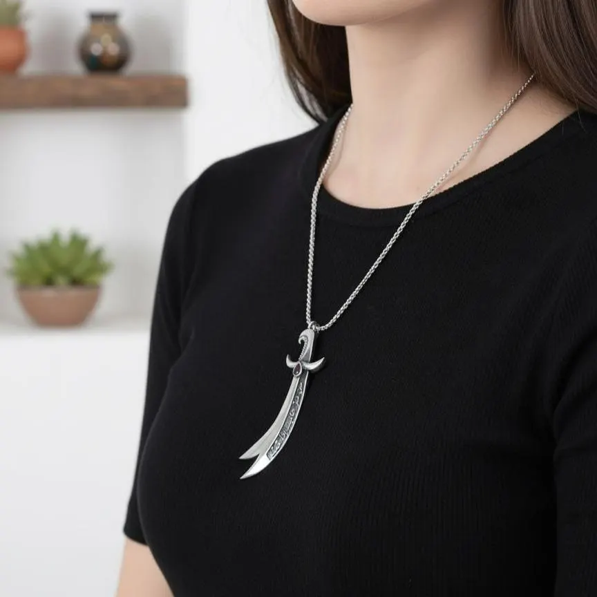 Handmade 925 Sterling Silver Zulfiqar Sword Necklace with Zircon Stone - image 3