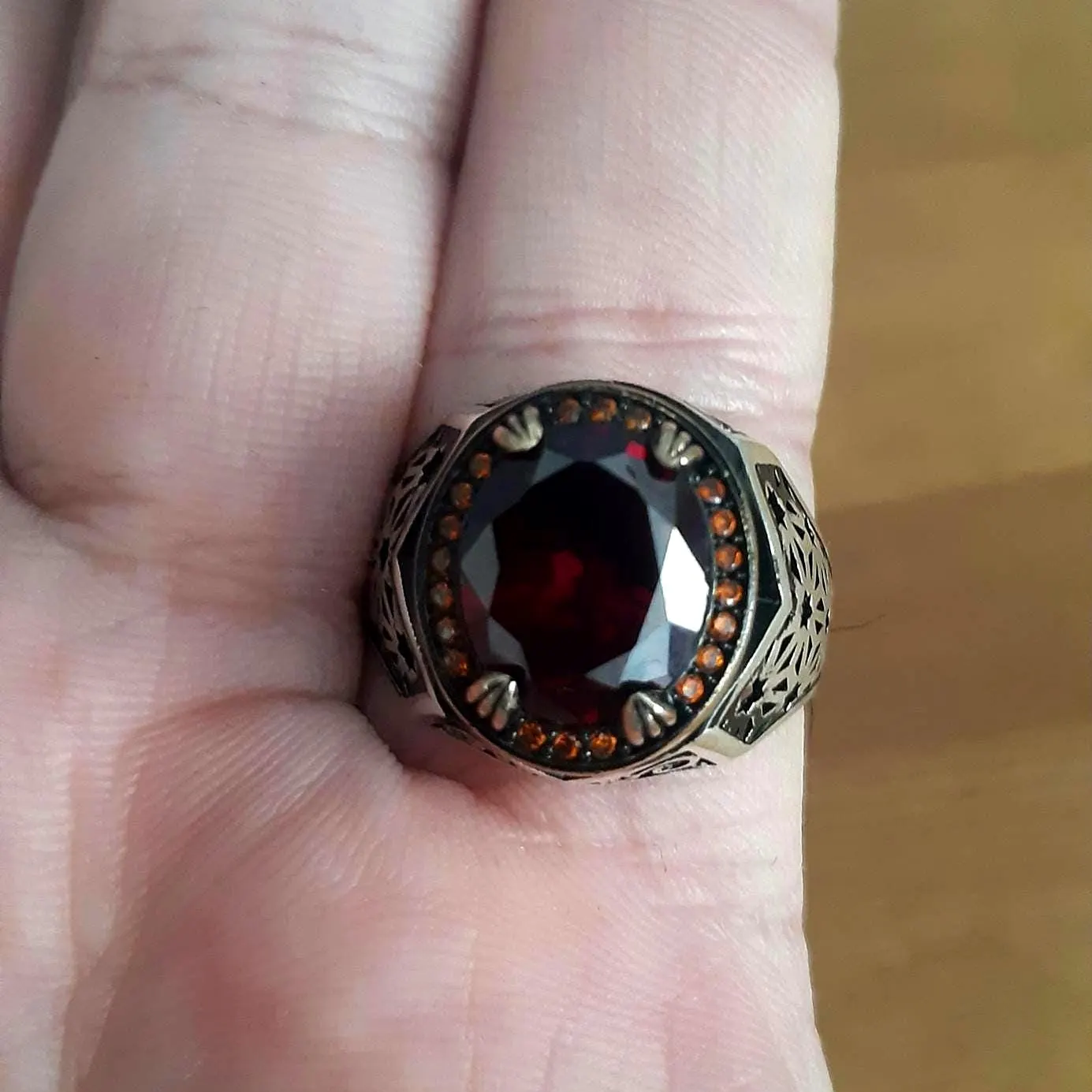Handmade 925 Sterling Silver Garnet Gemstone Ring, Men's Dragon Ring - image 4