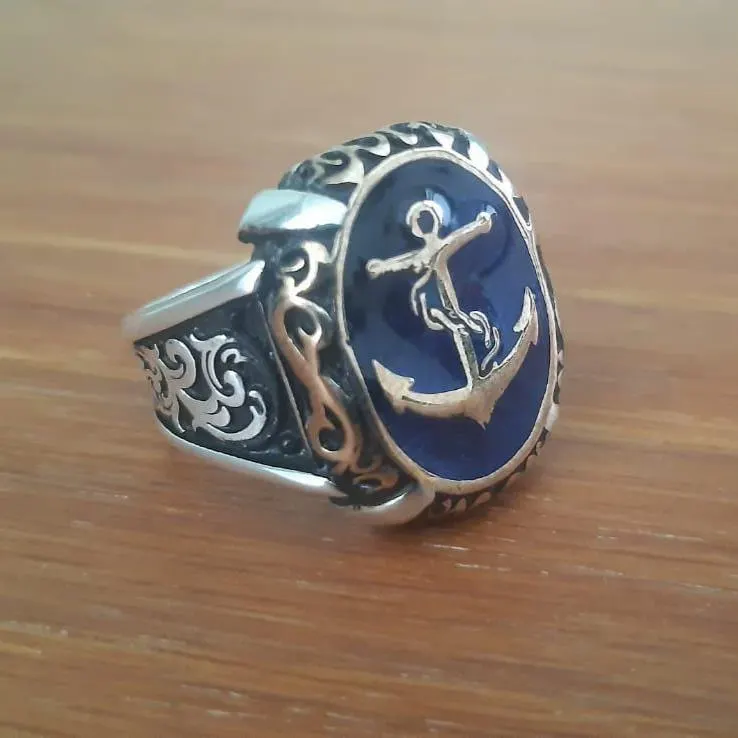 Oxidized Sterling Silver Anchor Ring, Blue Enamel, Nautical Jewelry - image 4