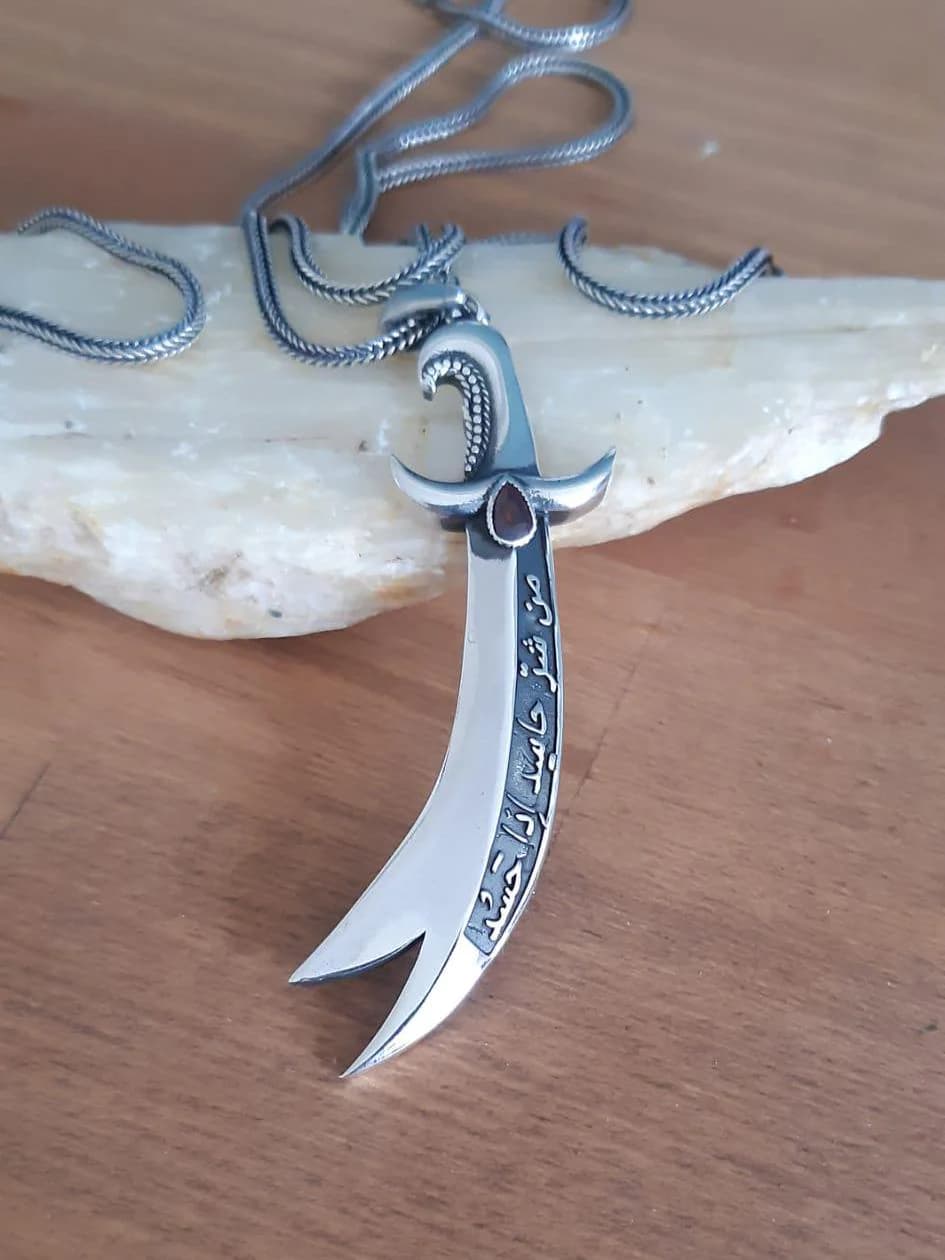 Handmade 925 Sterling Silver Zulfiqar Sword Necklace with Zircon Stone - image 4