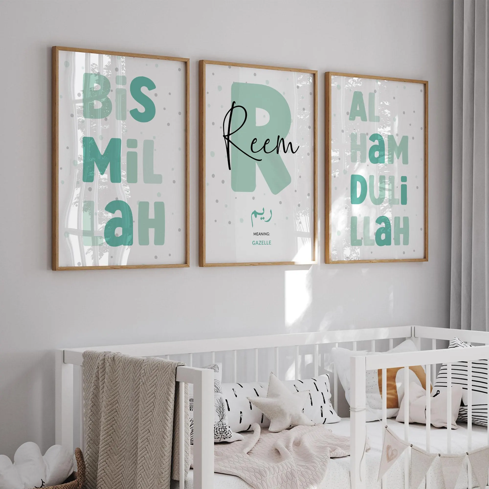 Set of 3 Islamic Wall Art Children DIGIAL DOWNLOAD, Personalised Eid Gifts Kids, Printable Mint Green Muslim Posters for Girls Room Nursery - image 3