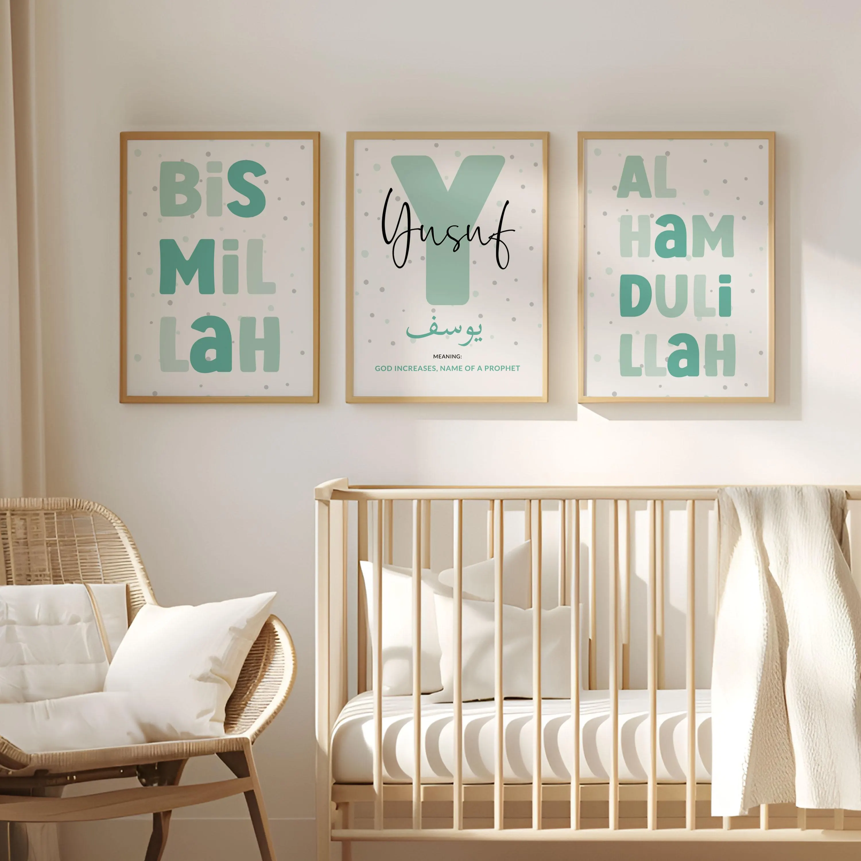 Set of 3 Islamic Wall Art Children DIGIAL DOWNLOAD, Personalised Eid Gifts Kids, Printable Mint Green Muslim Posters for Girls Room Nursery - image 2