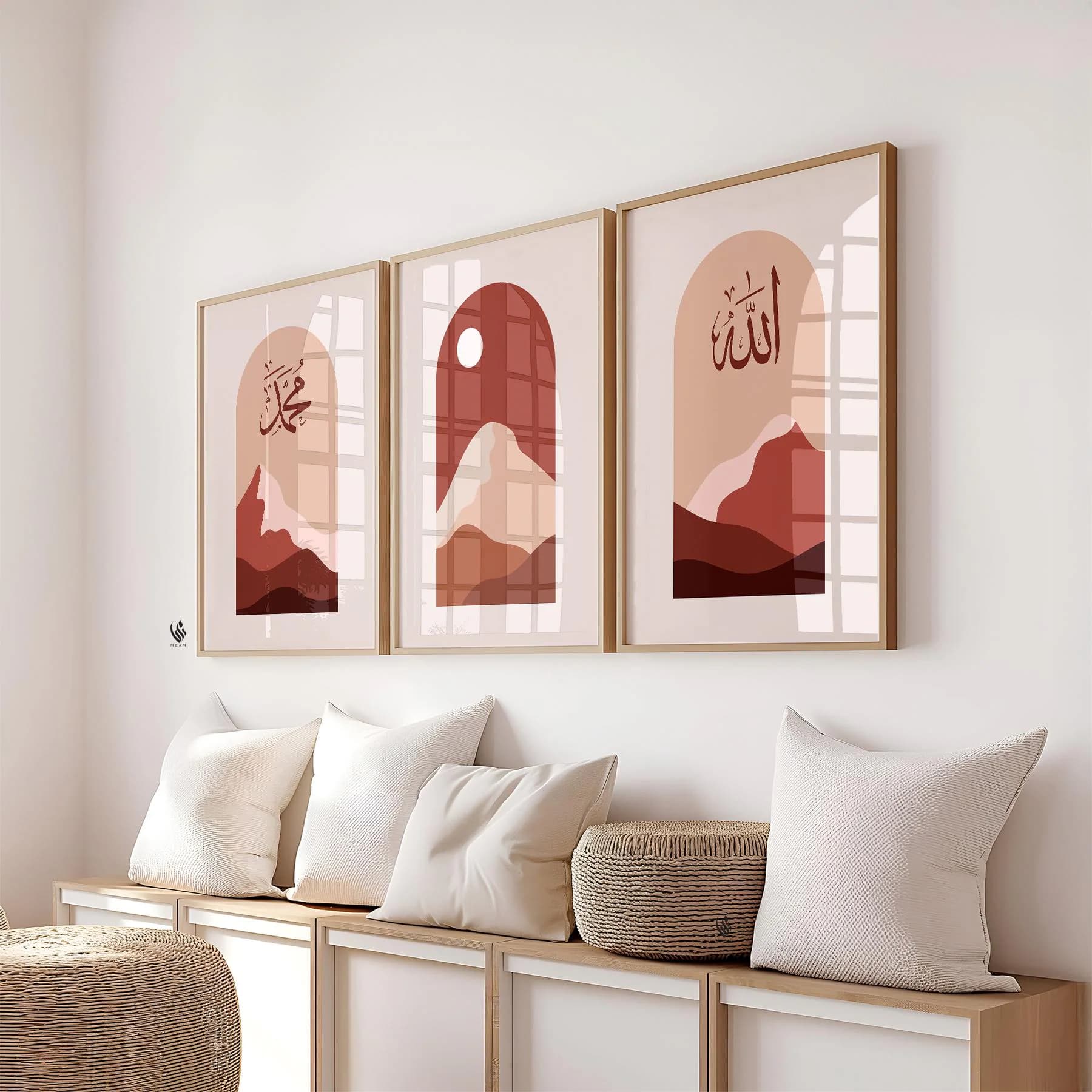 Set of 3 Premium Posters, Islamic Wall Art Set, Wall Prints, Living Room Decor, Serene Landscapes, Maroon Landscape, Muslim Gift, D24
