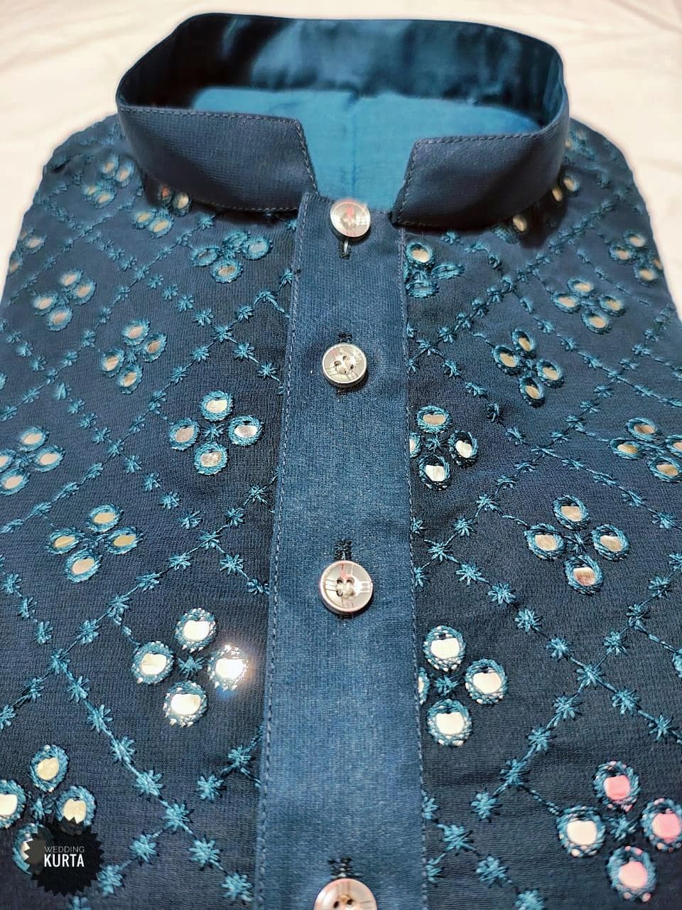 Men's Georgette Kurta Pajama Set: Mirror Work Embroidered Indian Outfit - image 5