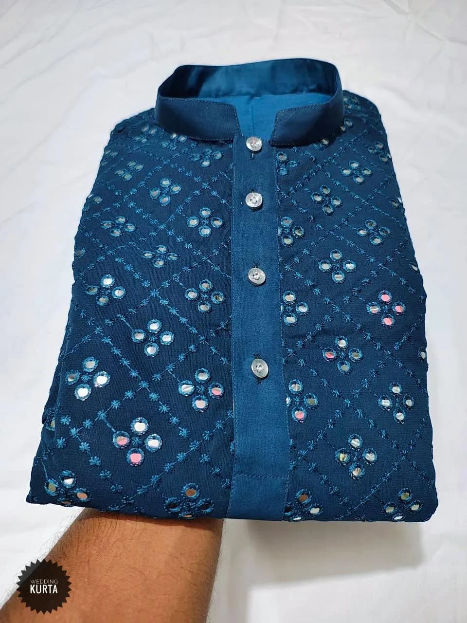 Men's Georgette Kurta Pajama Set: Mirror Work Embroidered Indian Outfit - image 4