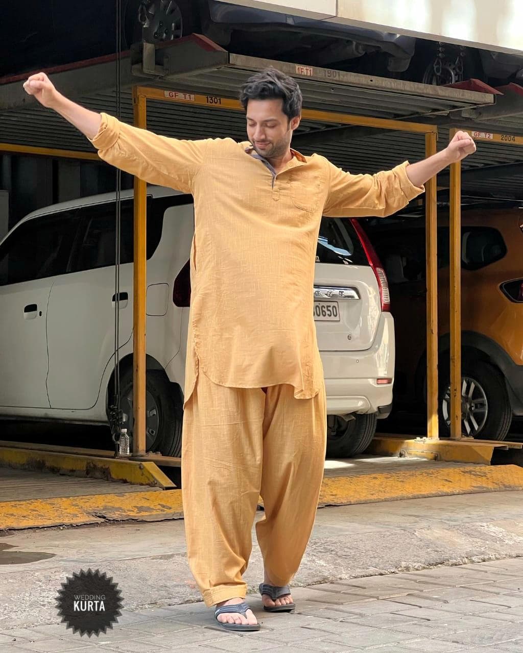 Handmade Light Mustard Kurta Shalwar: Men's Slim Fit Formal Suit - image 4