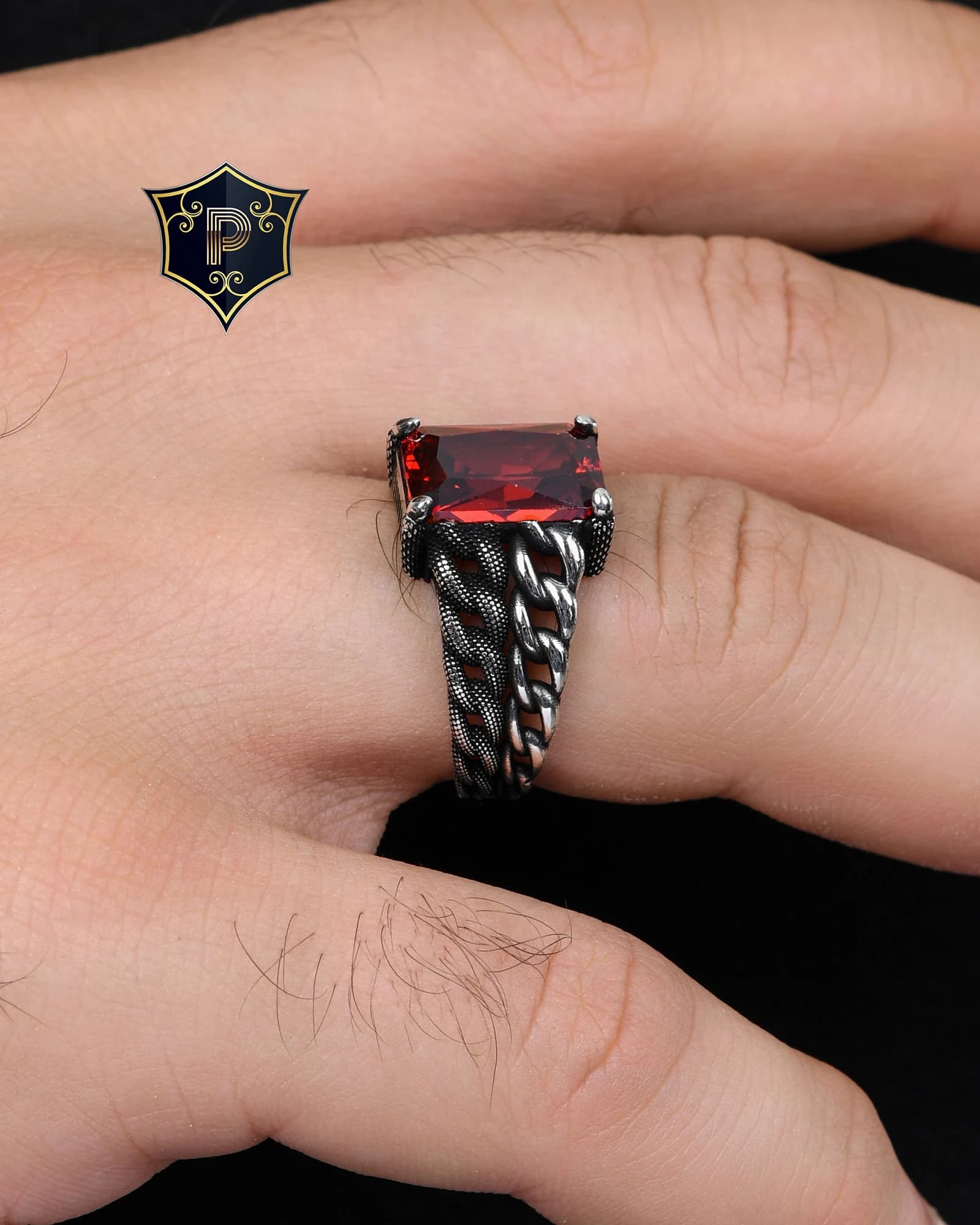 Curb Chain Design Ring, Turkish Silver Ring, Men's Red Garnet Silver Ring, Handmade Gemstone Ring, 925 Sterling Silver, Gift for Men - image 5