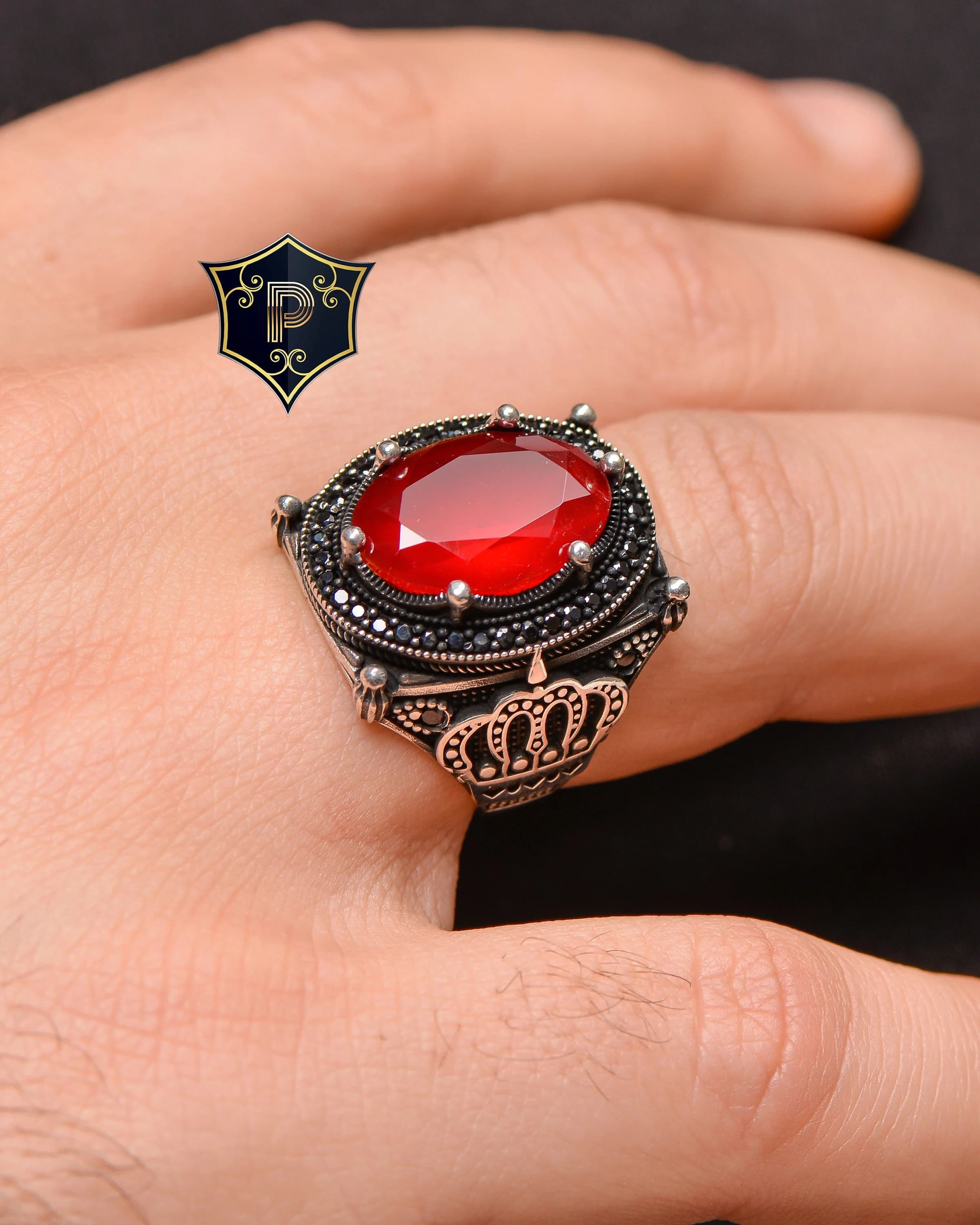 Red Zircon Silver Ring, Crown Ring, Turkish Handmade Silver Men Ring, 925 Sterling Silver, Zircon Ring, Mens Jewelry, Gift For Him
