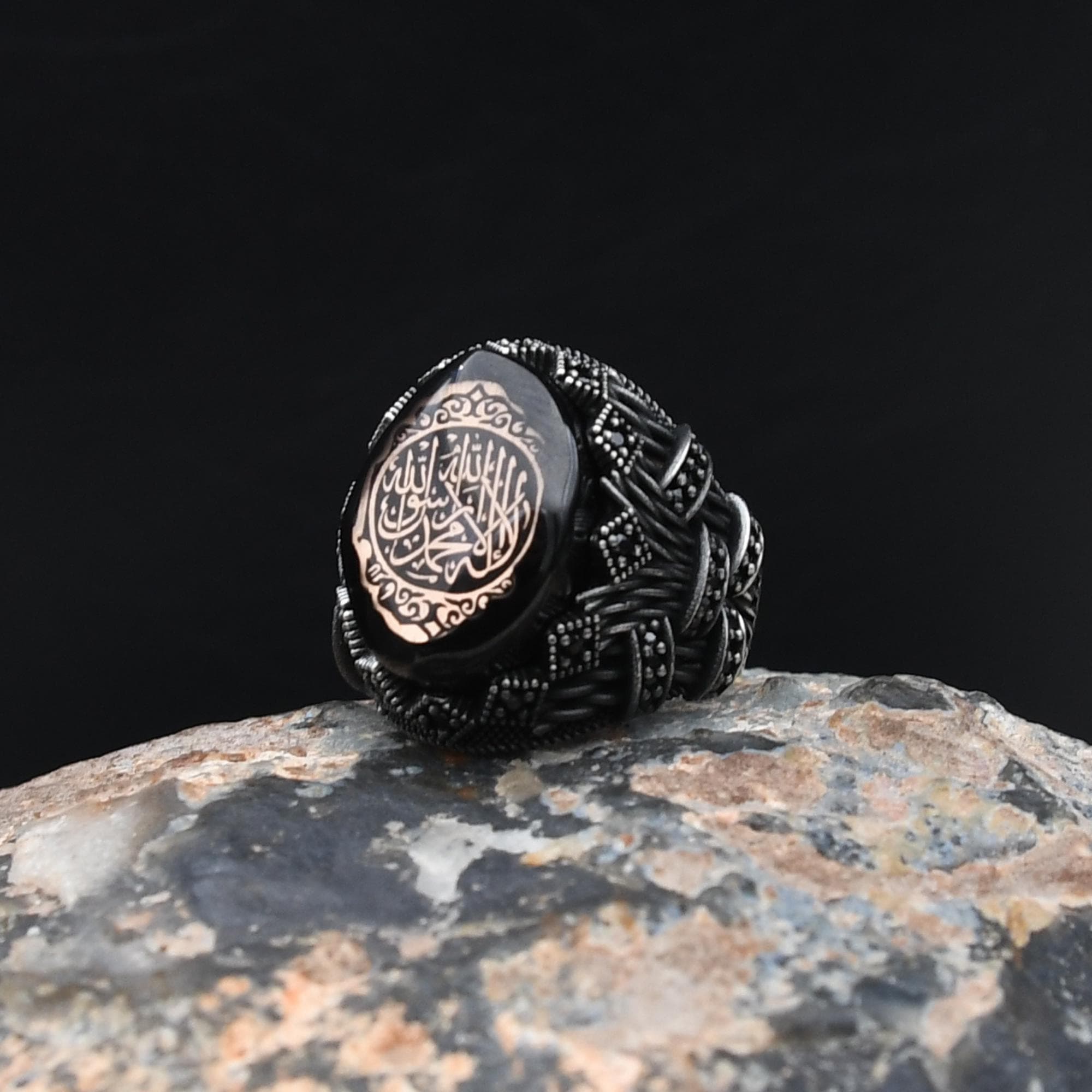 925 Sterling Silver Ring, Islamic Silver Ring, Kalima Shahada Engraved Amber Stone Ring, Handmade Ring, Religious Ring, Rings For Muslim
