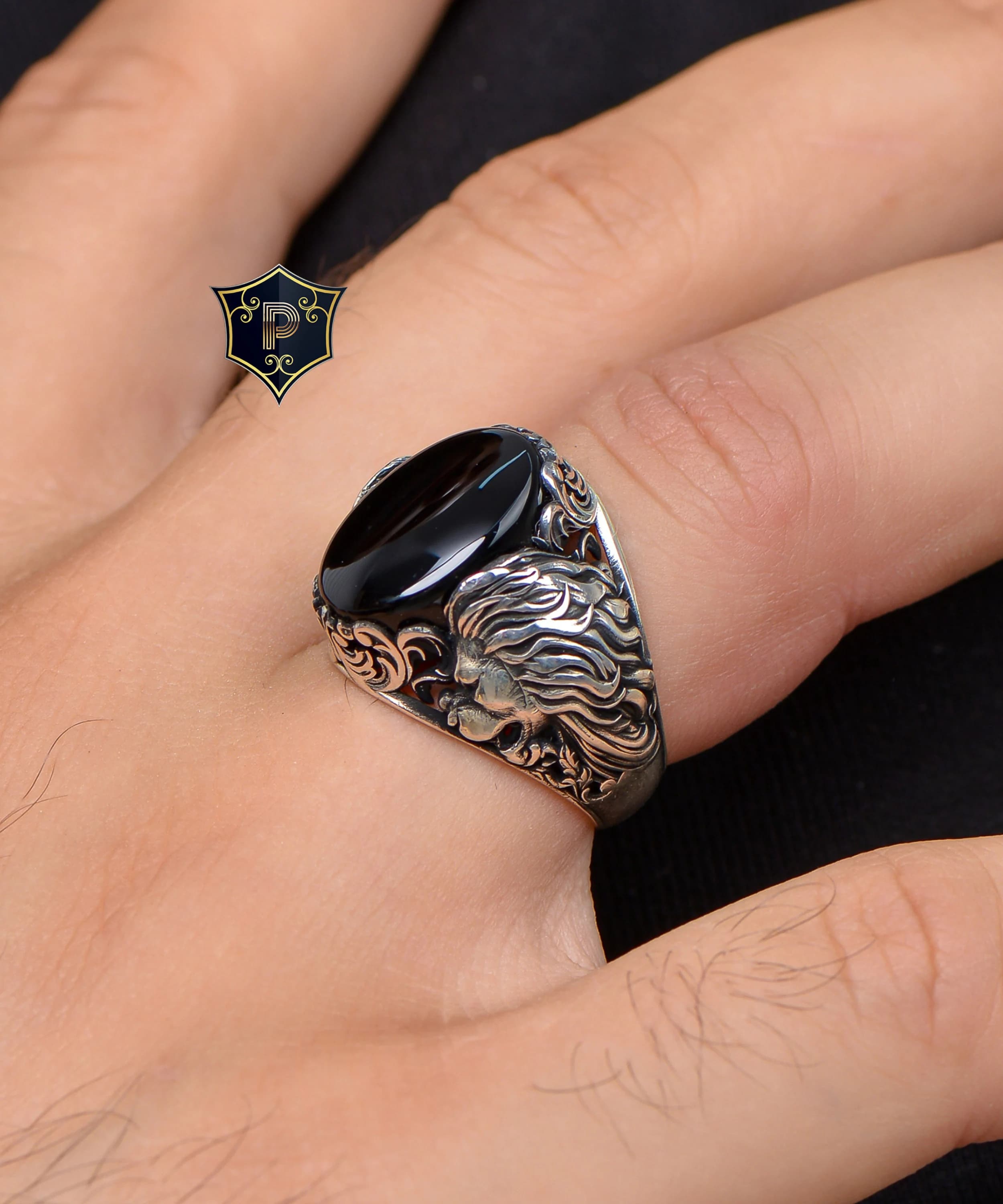 Onyx Gemstone Ring, lion Silver Ring, 925k Sterling Silver Ring, Mens Turkish Handmade Ring, Animal Ring, Unique Mens Jewelry, Gift for Him - image 3