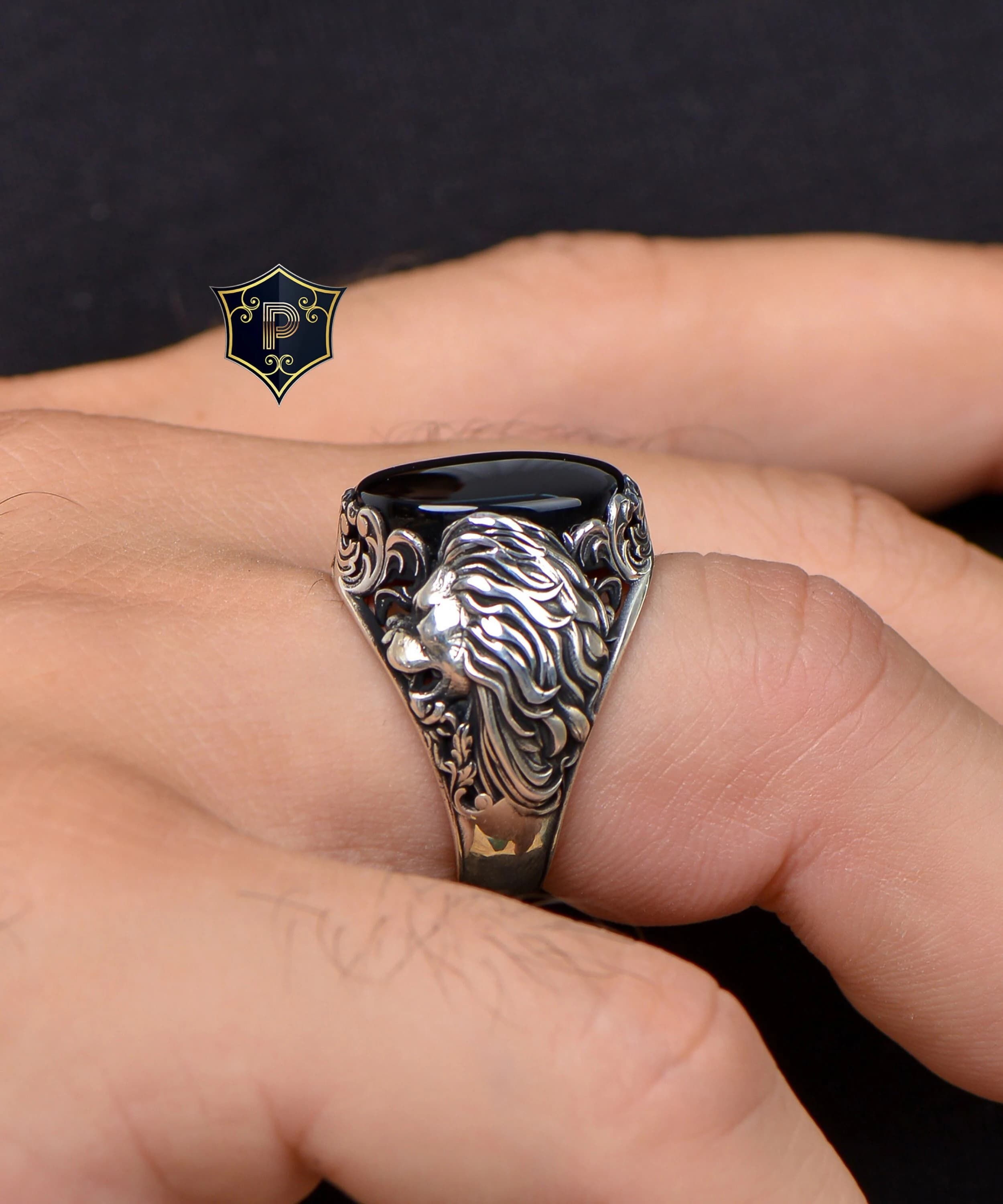 Onyx Gemstone Ring, lion Silver Ring, 925k Sterling Silver Ring, Mens Turkish Handmade Ring, Animal Ring, Unique Mens Jewelry, Gift for Him