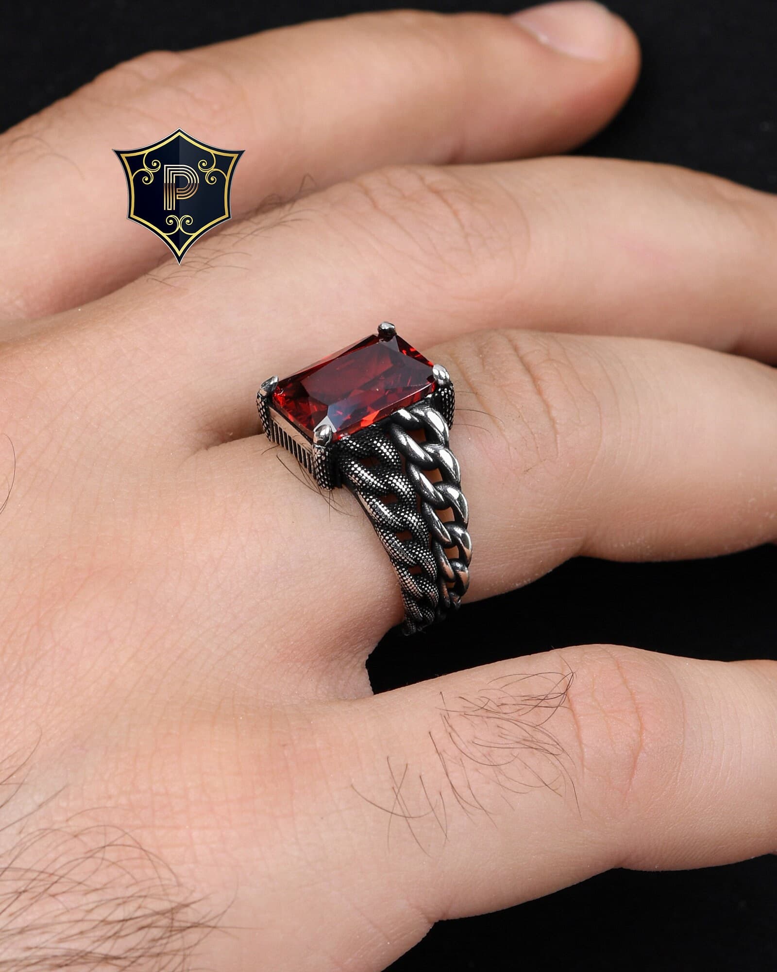 Curb Chain Design Ring, Turkish Silver Ring, Men's Red Garnet Silver Ring, Handmade Gemstone Ring, 925 Sterling Silver, Gift for Men - image 4