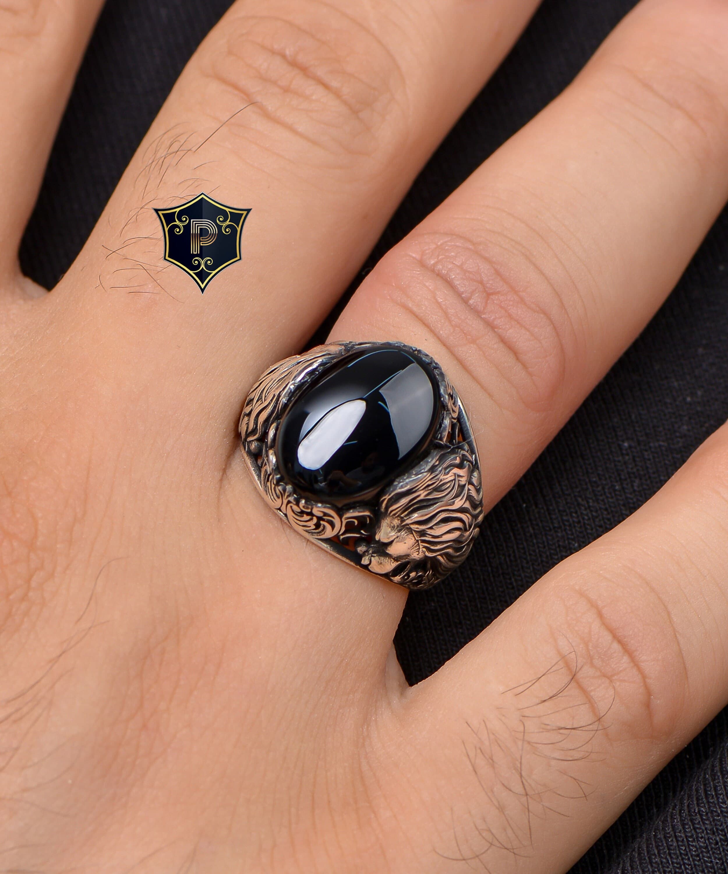 Onyx Gemstone Ring, lion Silver Ring, 925k Sterling Silver Ring, Mens Turkish Handmade Ring, Animal Ring, Unique Mens Jewelry, Gift for Him - image 5