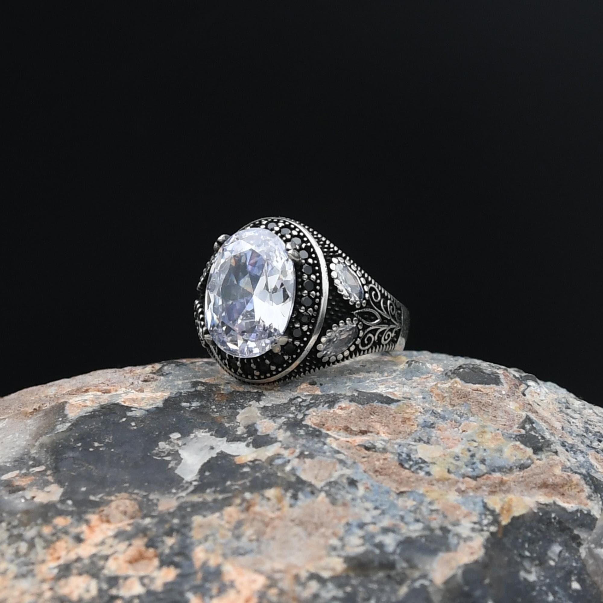 White Zircon Gemstone Ring, 925 Sterling Silver, Turkish Handmade Silver Ring, Mens Handmade Ring, , Mens Jewelry, Gift For Him
