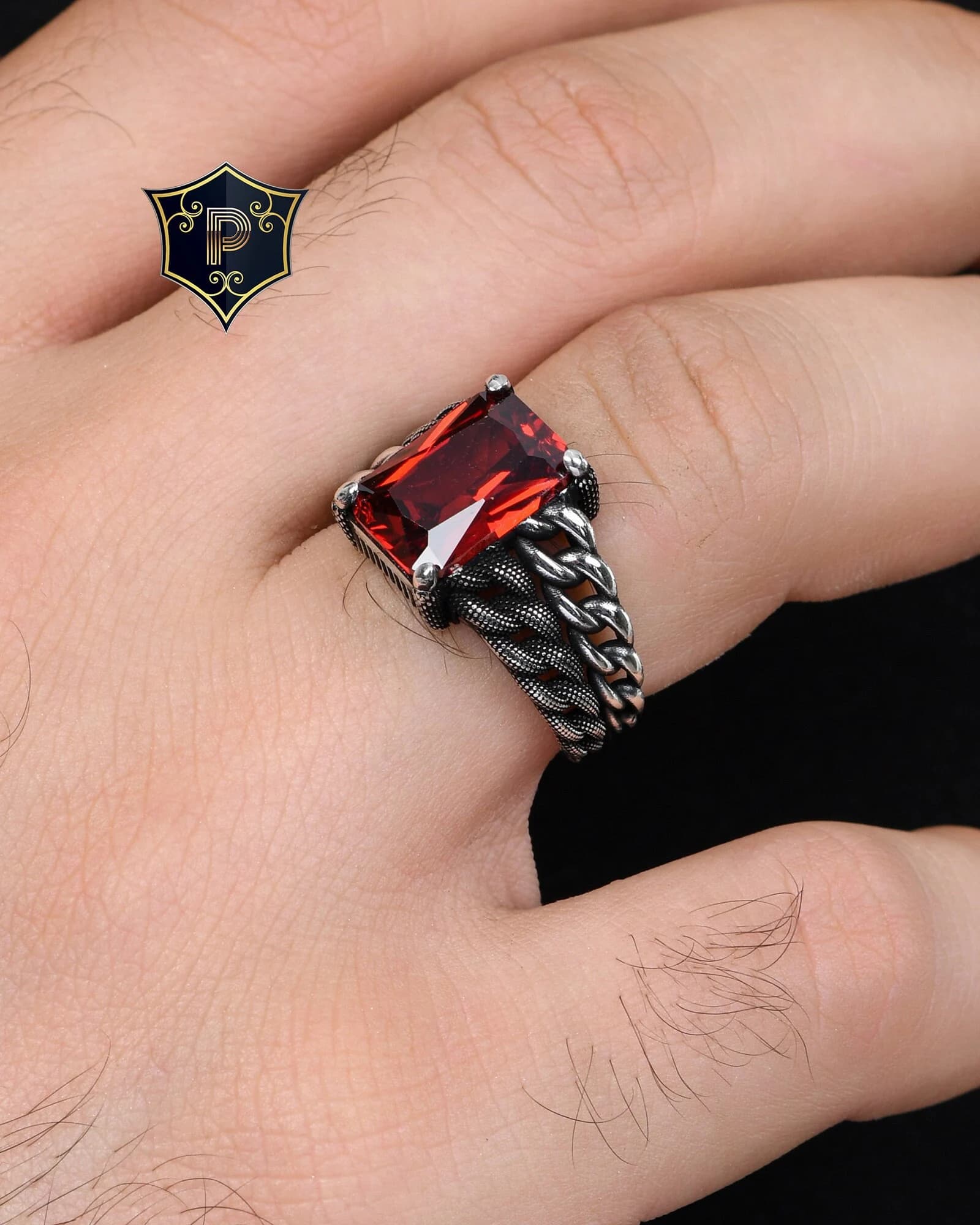 Curb Chain Design Ring, Turkish Silver Ring, Men's Red Garnet Silver Ring, Handmade Gemstone Ring, 925 Sterling Silver, Gift for Men