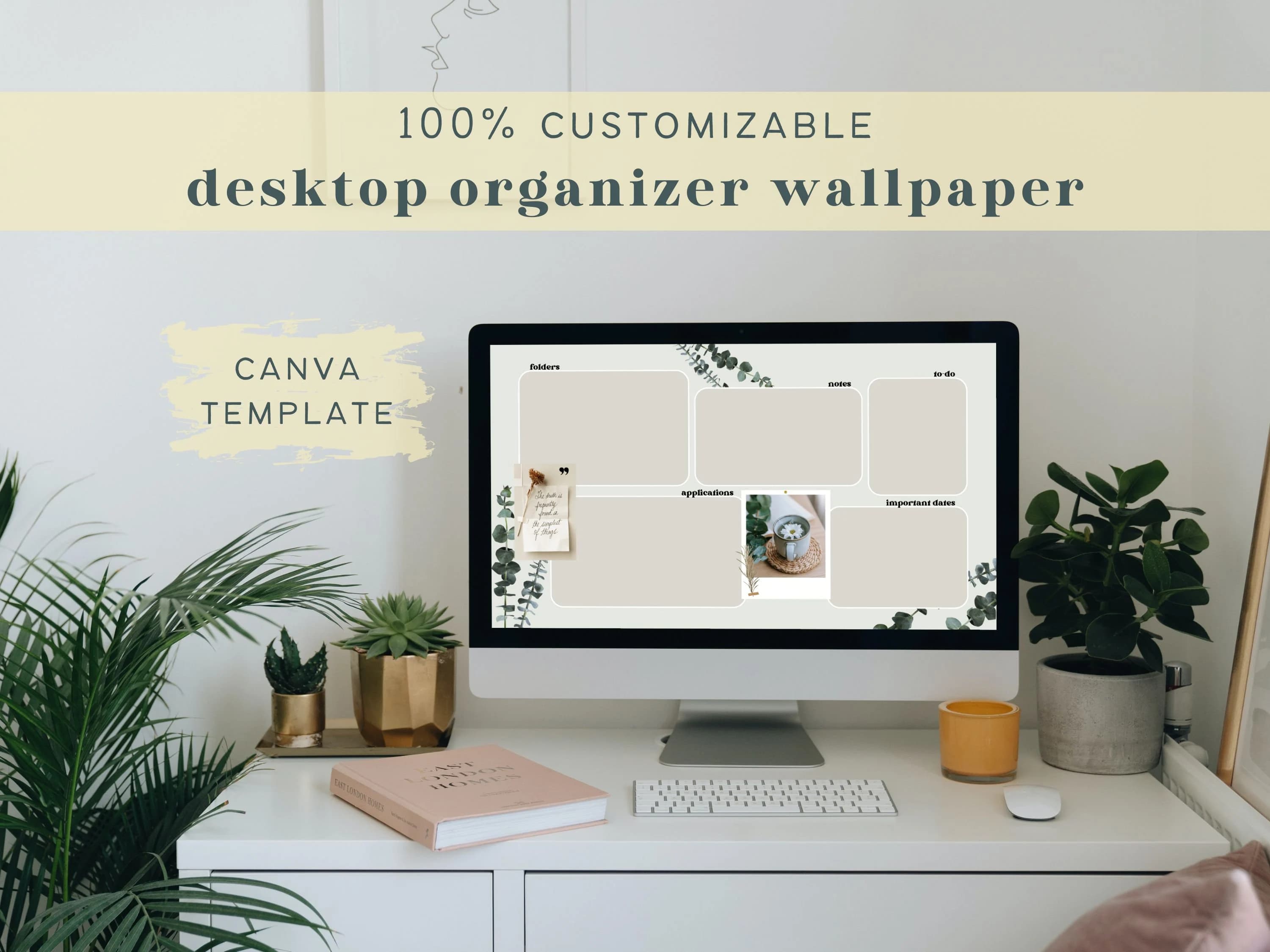 Eucalyptus Desktop Organizer Wallpaper | Editable Canva Template (Digital Download)