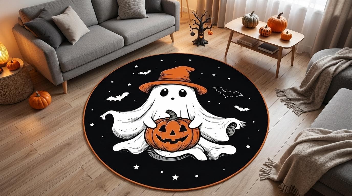 halloween round rug, cute ghost decor, pumpkin floor mat, kids halloween rug, spooky nursery, witch hat carpet, round ghost rug, jack o lantern mat, fall home decor, kawaii halloween, nursery floor mat, circle area rug, autumn area rug