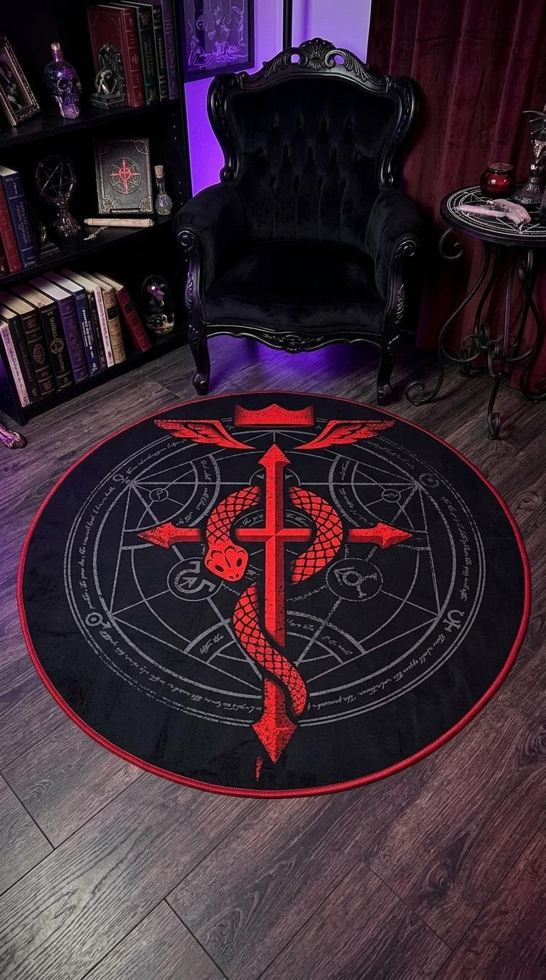 Flamel Cross round rug with red, black, dark grey design, dark gothic anime decor for anime fan. Flamel Cross round rug mit red, black, dark grey Design, dark gothic anime Deko für anime fans. Round Rug flamel cross au design red, black, dark grey, décor dark gothic anime pour anime fans. Round Rug flamel cross con diseño red, black, dark grey, decoración dark gothic anime para anim. Round Rug flamel cross con design red, black, dark grey, arredo dark gothic anime per anime fan.