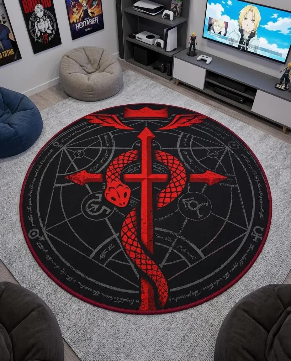 Flamel Cross round rug with red, black, dark grey design, dark gothic anime decor for anime fan. Flamel Cross round rug mit red, black, dark grey Design, dark gothic anime Deko für anime fans. Round Rug flamel cross au design red, black, dark grey, décor dark gothic anime pour anime fans. Round Rug flamel cross con diseño red, black, dark grey, decoración dark gothic anime para anim. Round Rug flamel cross con design red, black, dark grey, arredo dark gothic anime per anime fan.