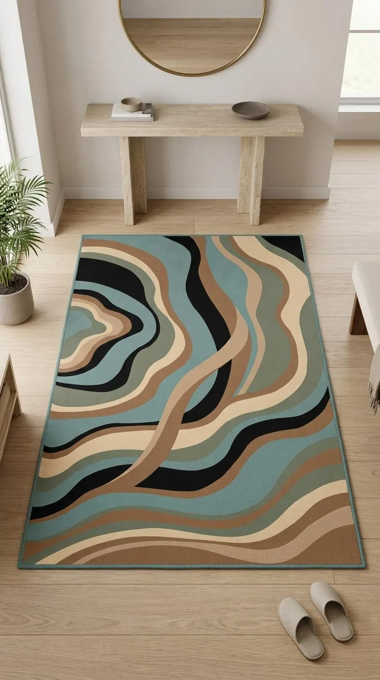 Curving Organic Lines area rug with teal, beige, brown, black, sage green design, mid-century m. Curving Organic Lines area rug mit teal, beige, brown, black, sage green Design, mid-century mo. Area Rug curving organic lines au design teal, beige, brown, black, sage green, décor mid-centu. Area Rug curving organic lines con diseño teal, beige, brown, black, sage green, decoración mid. Area Rug curving organic lines con design teal, beige, brown, black, sage green, arredo mid-cen.