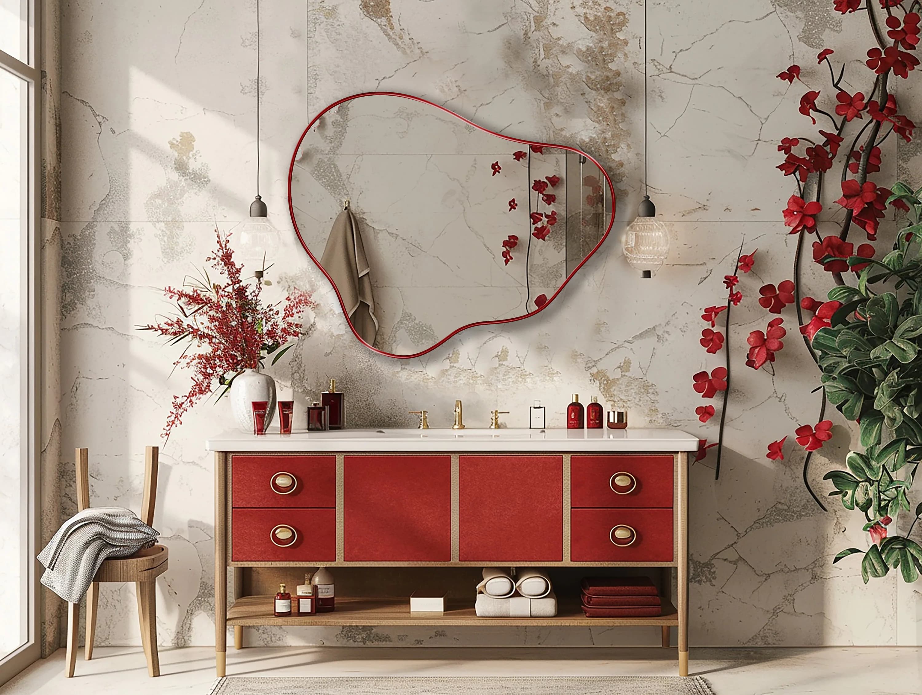 Organic Pebble Mirror with red frame finish hung on the wall of a bathroom over a red vanity with red flowers around.