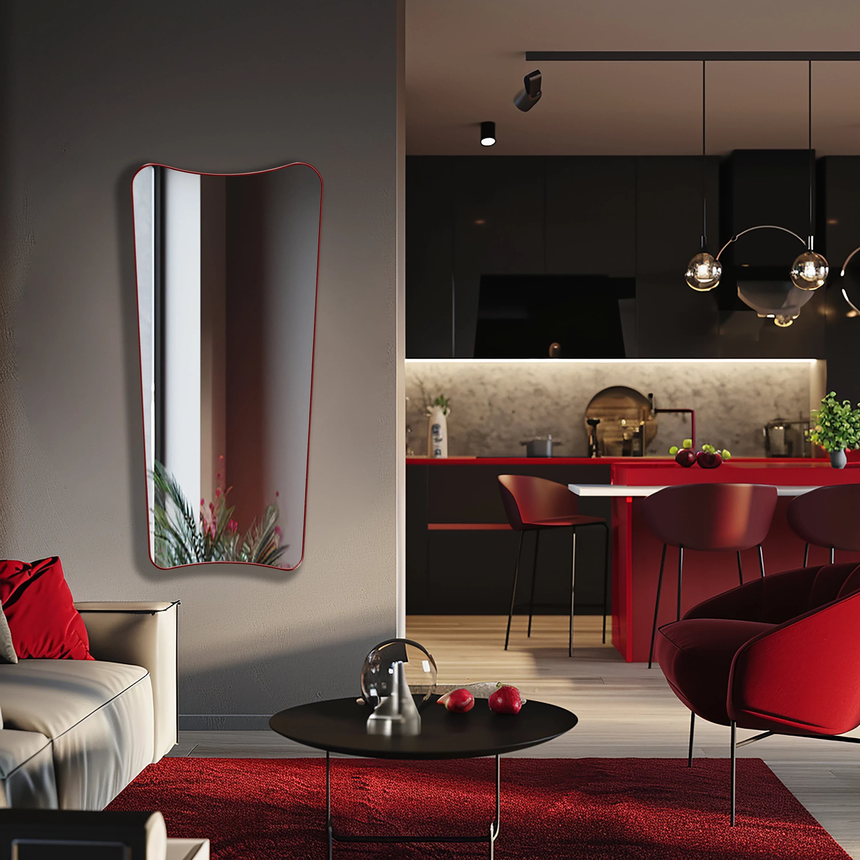Italian style Full Length Mirror with red frame hung on a living room.