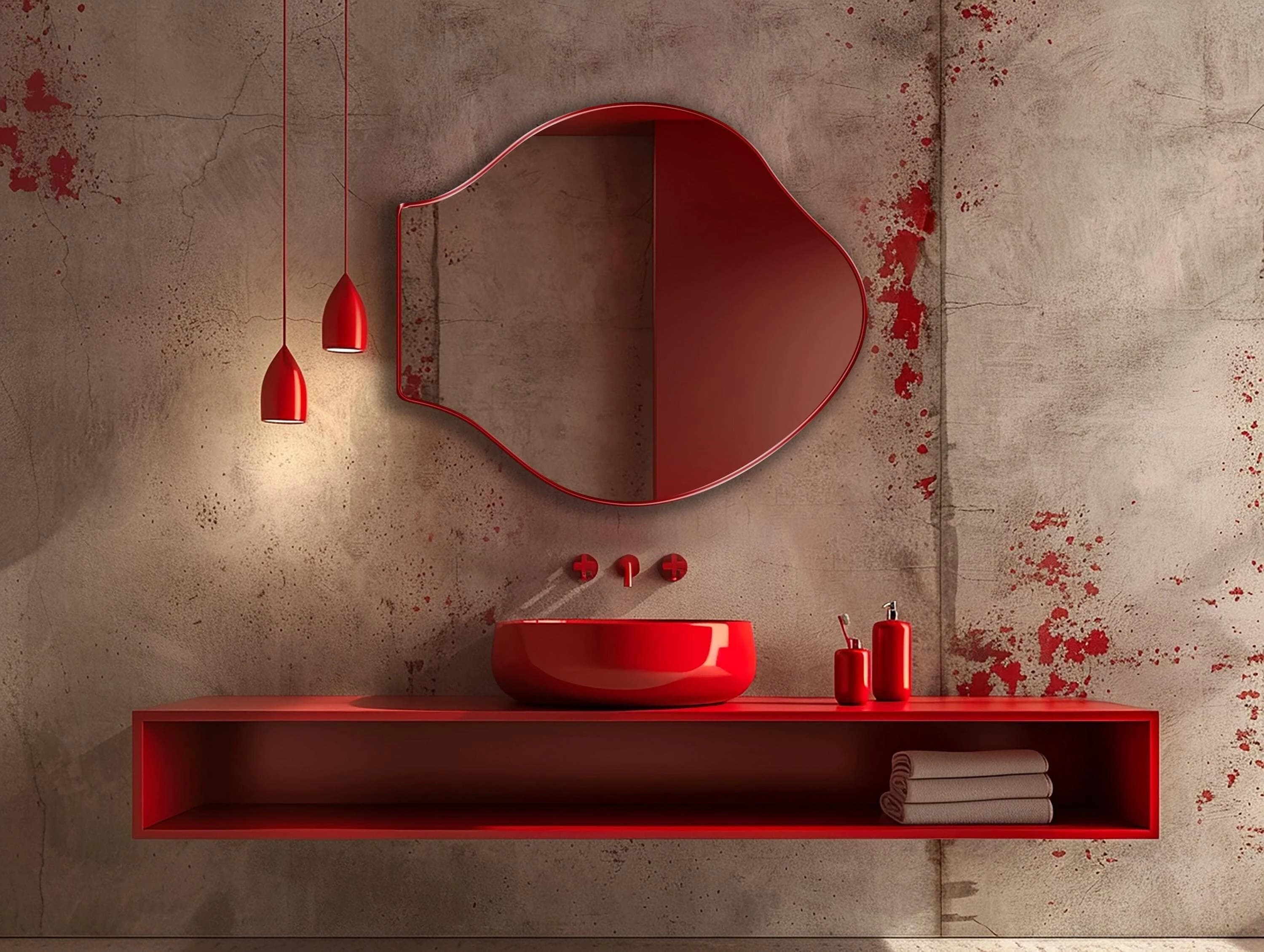 Pisces mirror with red frame finish hung on the wall of a bathroom over a washbasin.