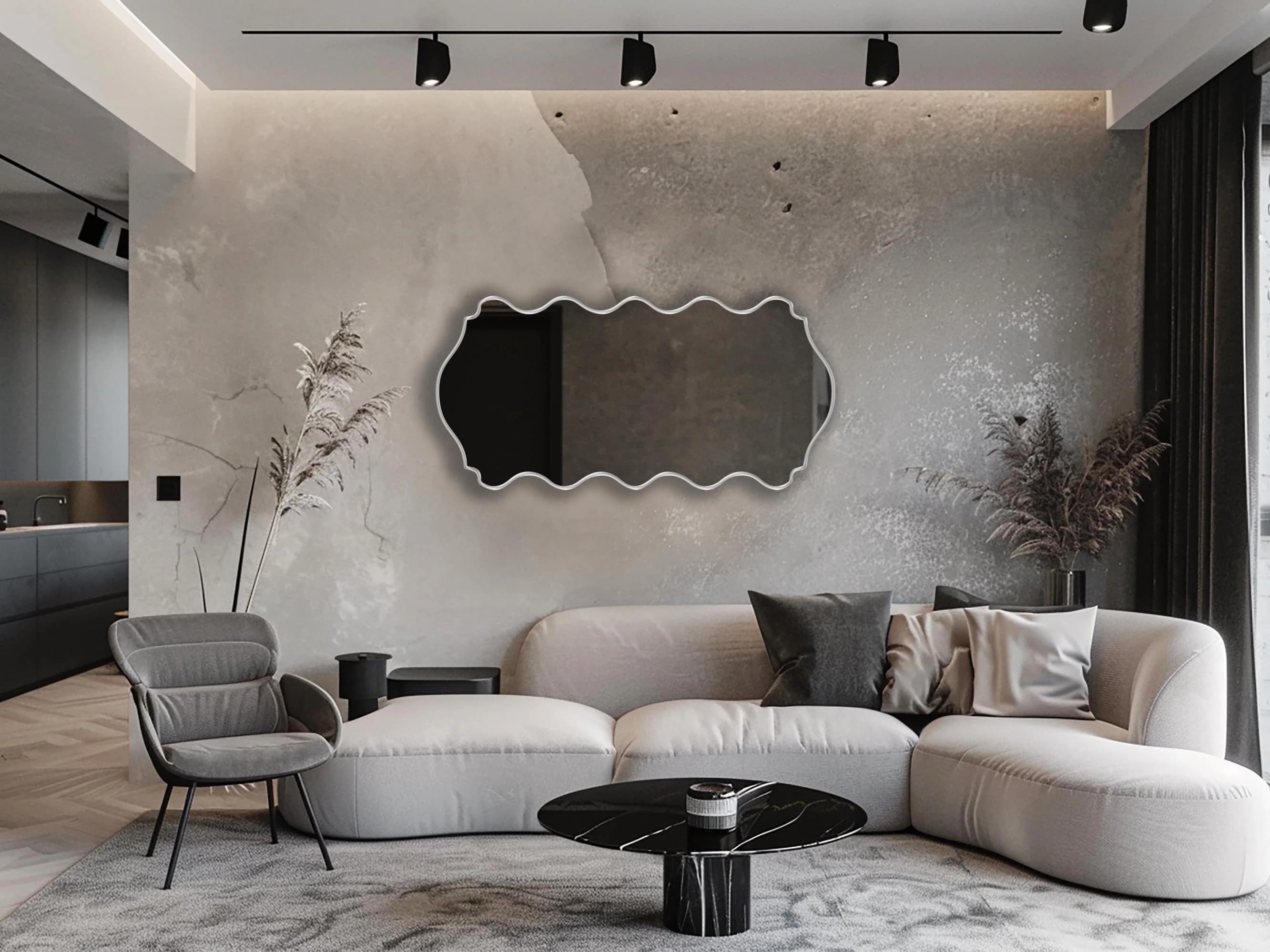 Ribbed Mirror with silver frame finish hung on the wall of a living room over a couch.