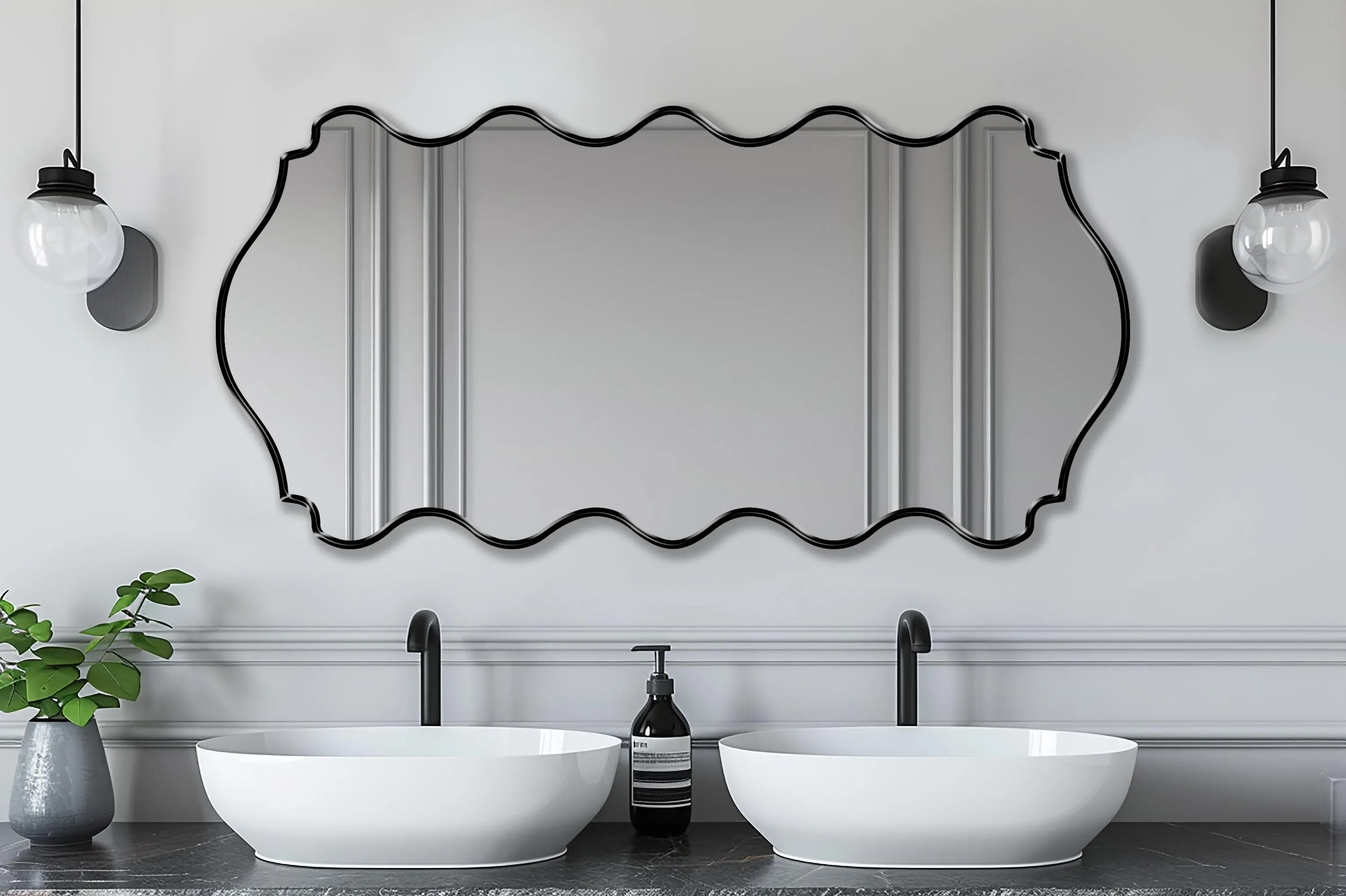 Ribbed Mirror with black frame finish hung on the wall of powder room over a double vanity.