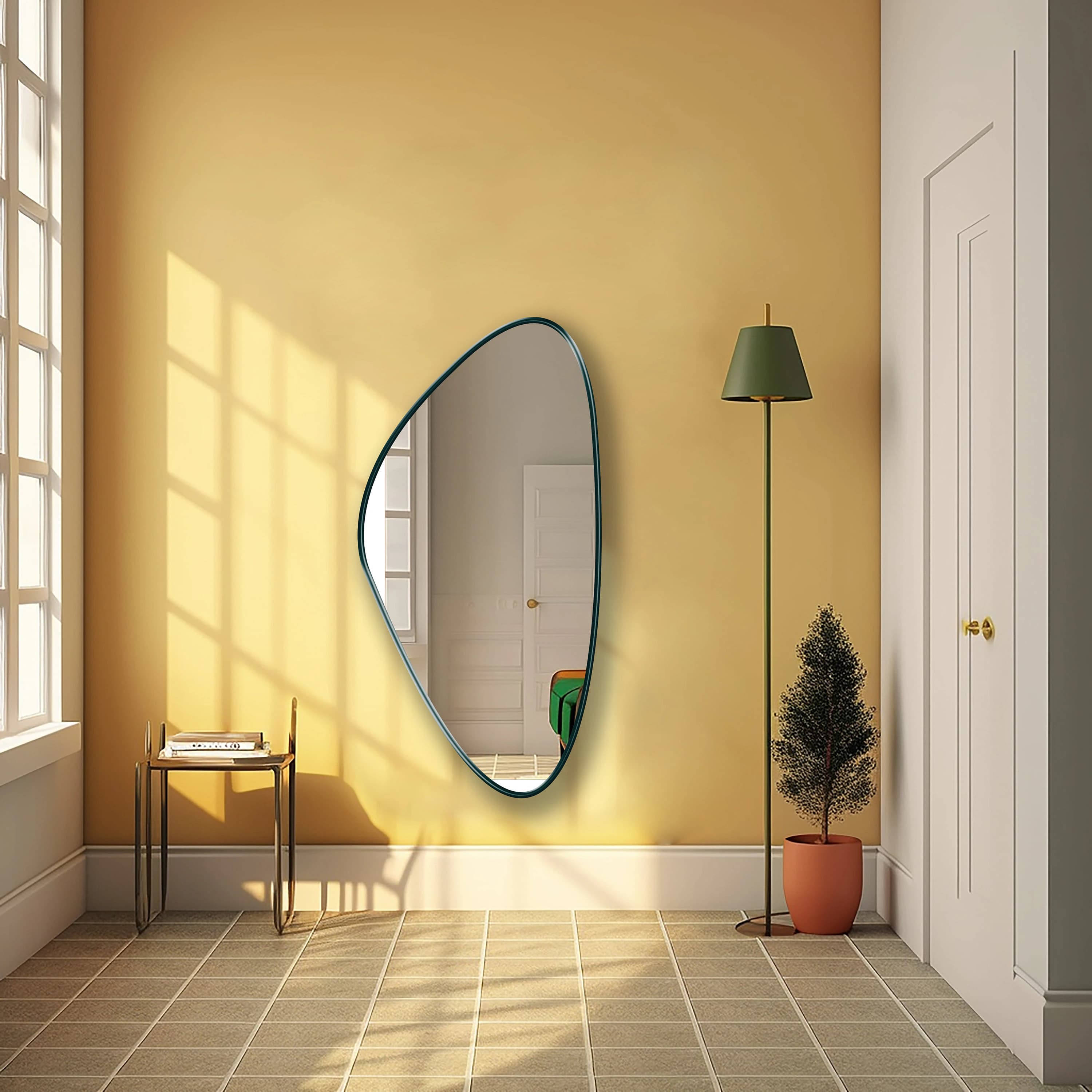 Asymmetrical Triangle Mirror with emerald frame hung on the wall of a living room.