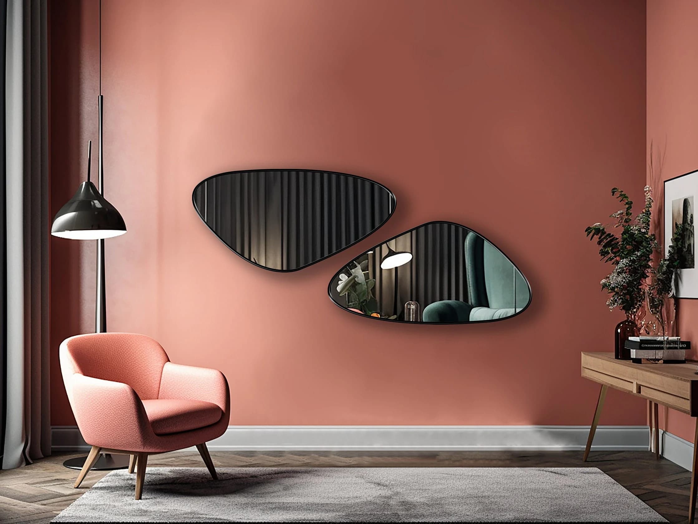 Two black Asymmetrical Triangle Mirrors with black frame hung on the wall of a living room.