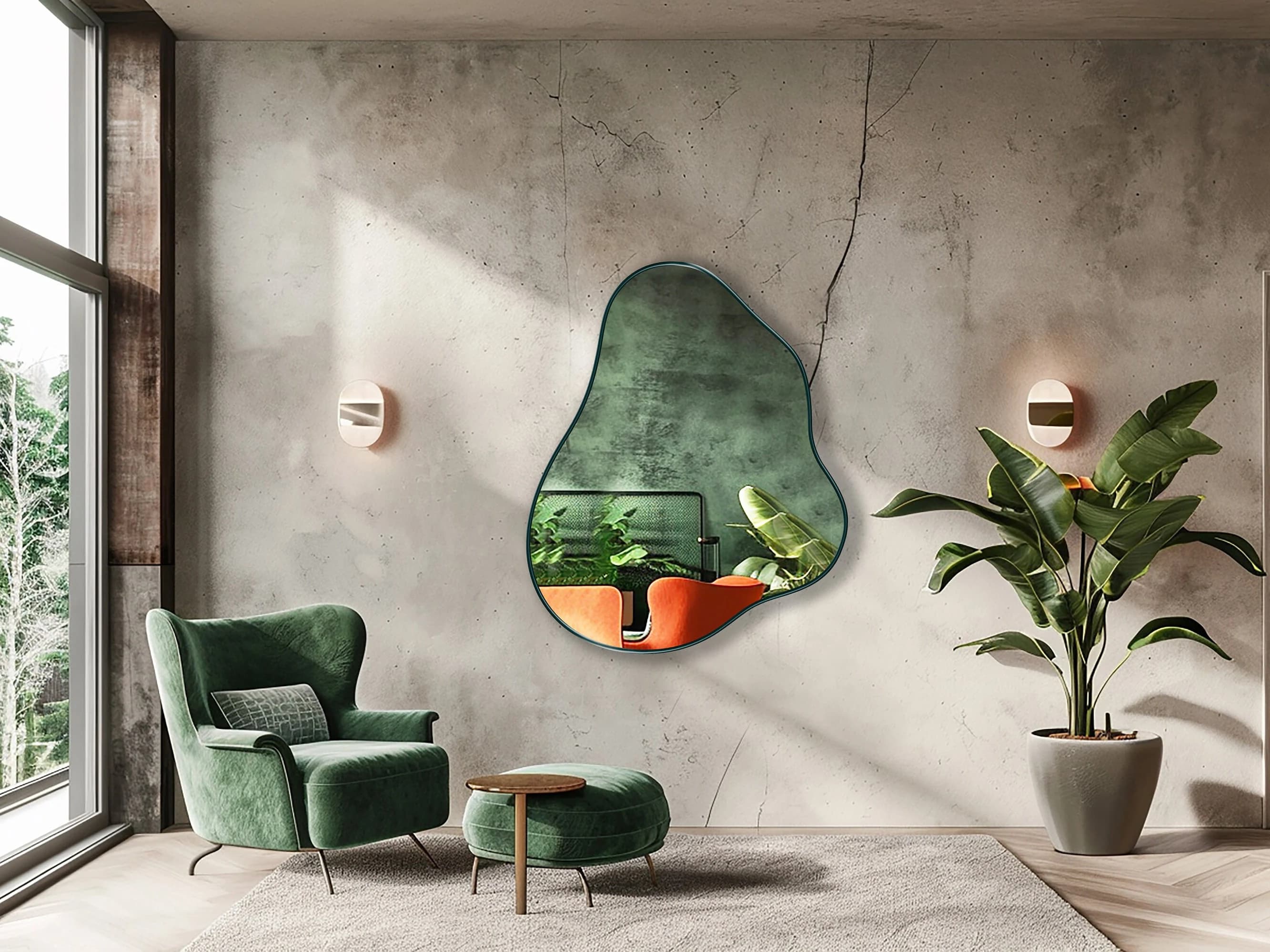 Organic Pebble Mirror with emerald frame finish hung on the wall of a living room, over an armchair.