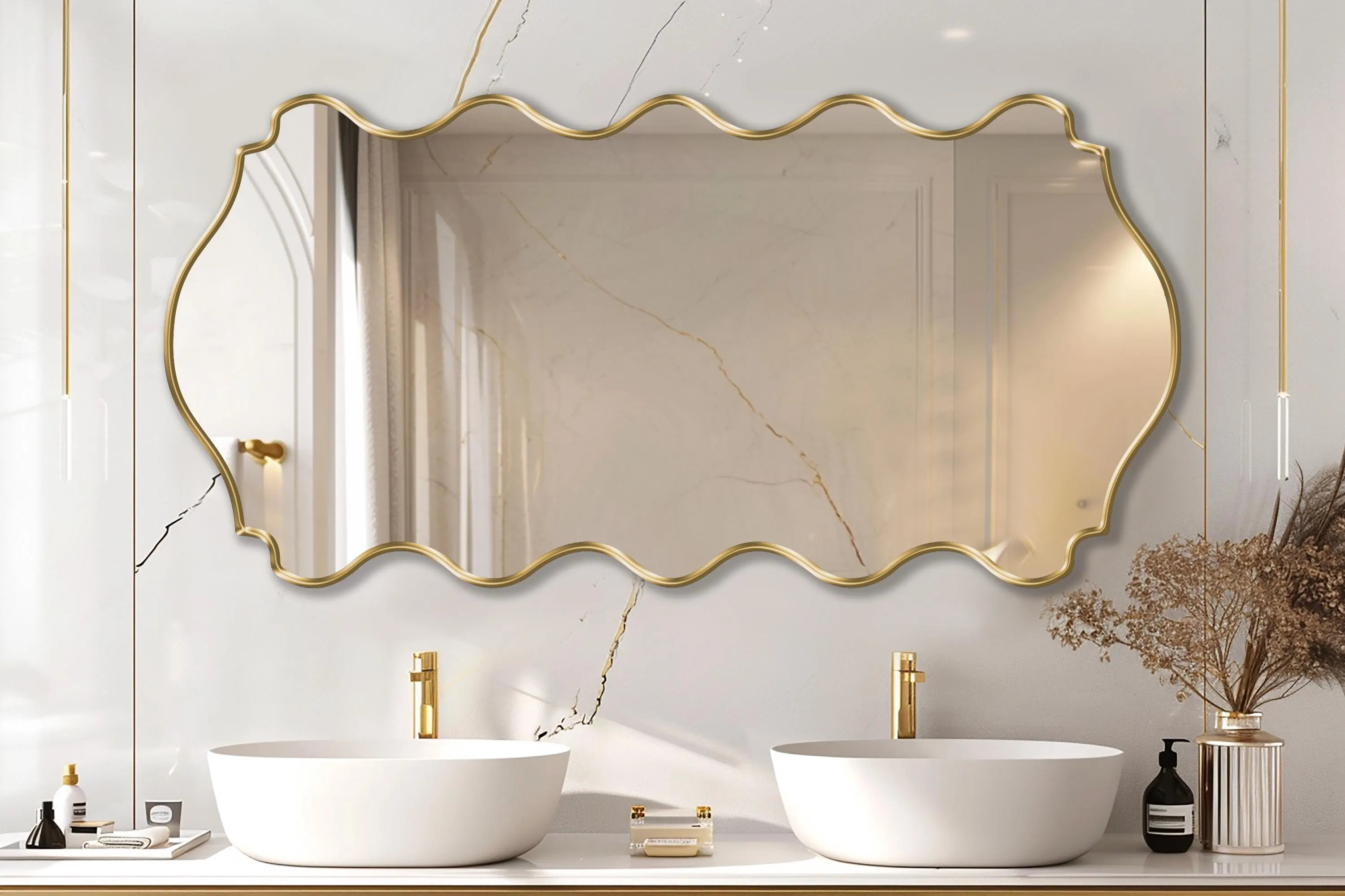 Ribbed Mirror with gold frame finish hung on the wall of powder room over a double vanity.